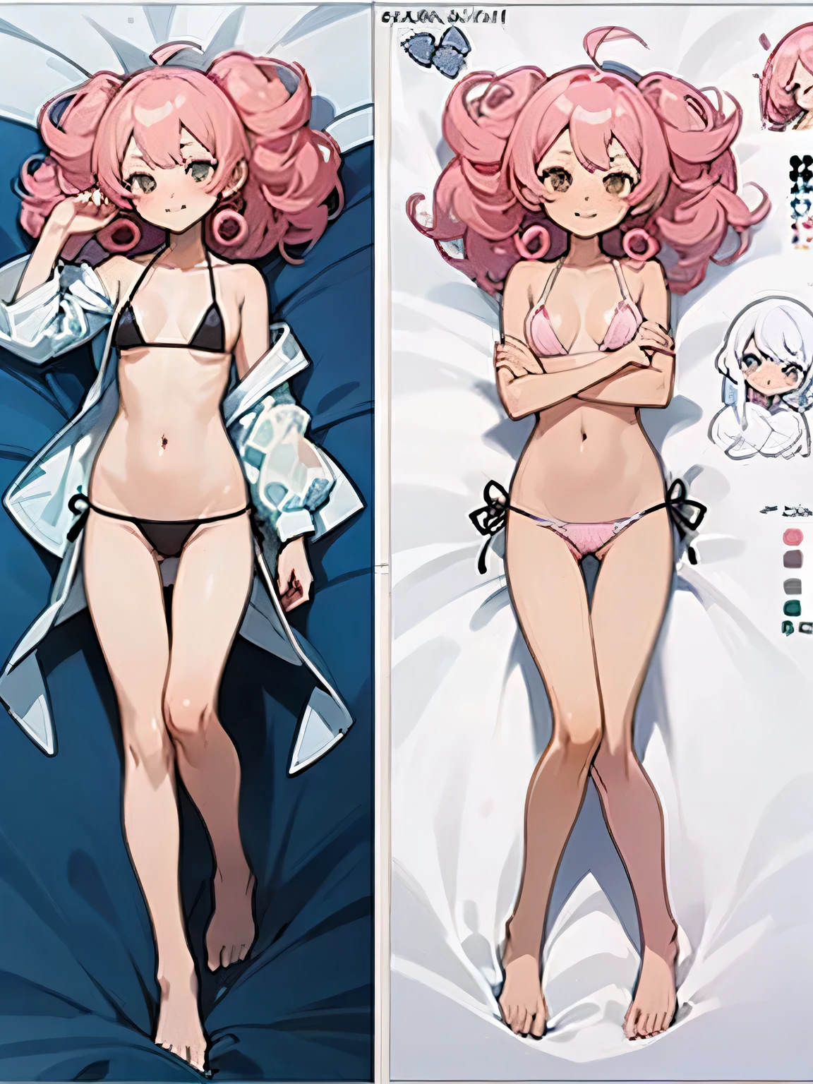 (character sheet:1.4),(concept art:1.4),(dakimakura)1.0,pastel pink curly hair,open forehead,teen face,micro bikini,summer shot,