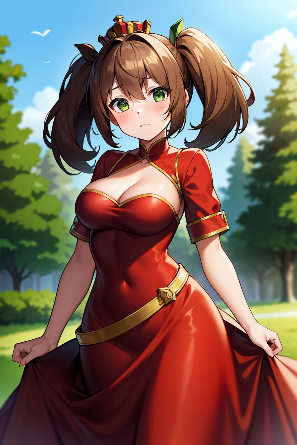 woman, medium breasts, brown hair, green eyes, medium hair, twintails, crown, blush, standing, dress, red dress, royal dress, detailed dress