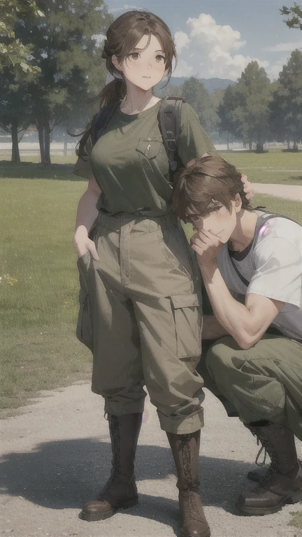 illustration, masterpiece, necessarily against the backdrop of the realistic nature of central Russia; Two teenage characters in a scene at the same time: boy and girl (absolutely identical twins brother and sister)with the same cute beautiful girlish features, The first character is handsome, Modest, chubby, brown eyed boy with handsome, graceful male physique., with semi-long brown hair, gathered in a ponytail, Military style (marsh color T-shirt, military trousers with patch pockets, massive high infantry boots, backpack), and the second character is very feminine, sexual, strong, very muscular feminist girl with aesthetic small natural appetizing teen breasts and beautiful big erect nipples, with very tousled shaggy semi-long brown hair, hair between eyes, Brown eyes, Beautiful face, athlete with well-developed proportional muscles, trained muscular strong arms and legs, Graceful fingers, (The Hidden Exhibitionist: always and everywhere in revealing clothes and absolutely no underwear) finest open T-shirt made of transparent silk(absolutely no bra), свободные military trousers with patch pockets, massive high infantry boots, backpack; free pose; be sure to interact with each other; different emotions(joy, a sneer, family flirting, stroke, leaning, receipt), mutual shamelessness, mutual love, kinship of souls, spiritual intimacy, physical intimacy, lack of embarrassment in front of each other, crystal clear family relationship of twin brother and sister