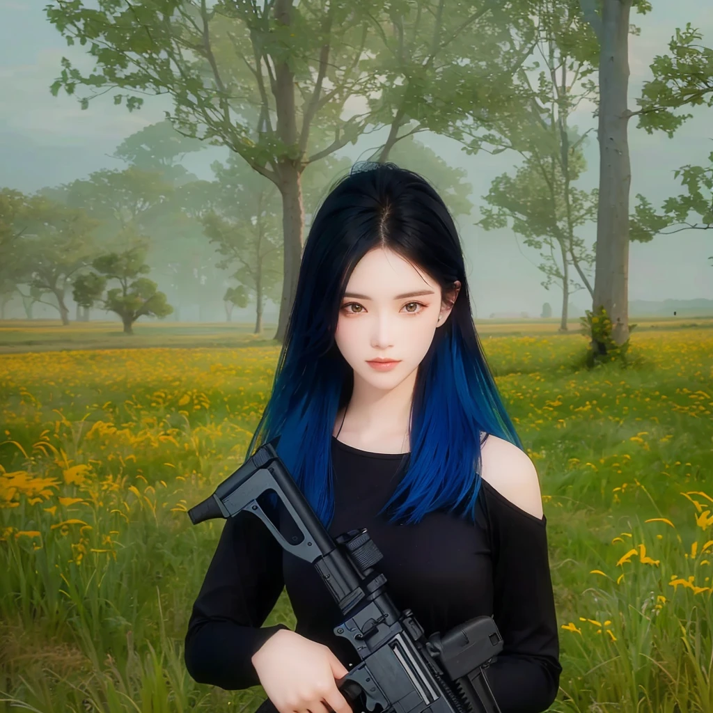 there is a woman with a gun standing in a field, realistic