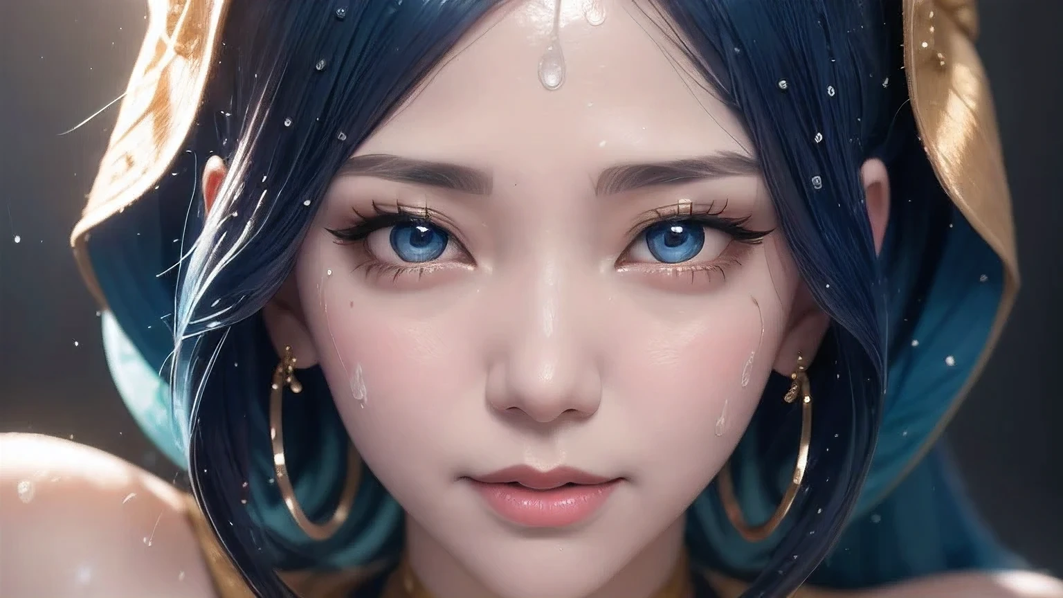 anime girl with blue hair and gold earrings holding a toy, rossdraws portrait, hyper detail portrait, 8k portrait render, cgsociety portrait, ultra detailed portrait, fanart best artstation, trending on cgstation, closeup character portrait, 8k artgerm bokeh, 8k high quality detailed art, by Yang J, wlop art,A woman with a towel wrapped around her head,Water droplets on face, Artwork in the style of Guweiz, 8k portrait rendering, Realistic anime girl rendering, Rostland 8K, surreal anime, Soft portrait shots 8 k, 3D animation realistic, 3D Rendering Character Art 8k, Smooth anime CG art