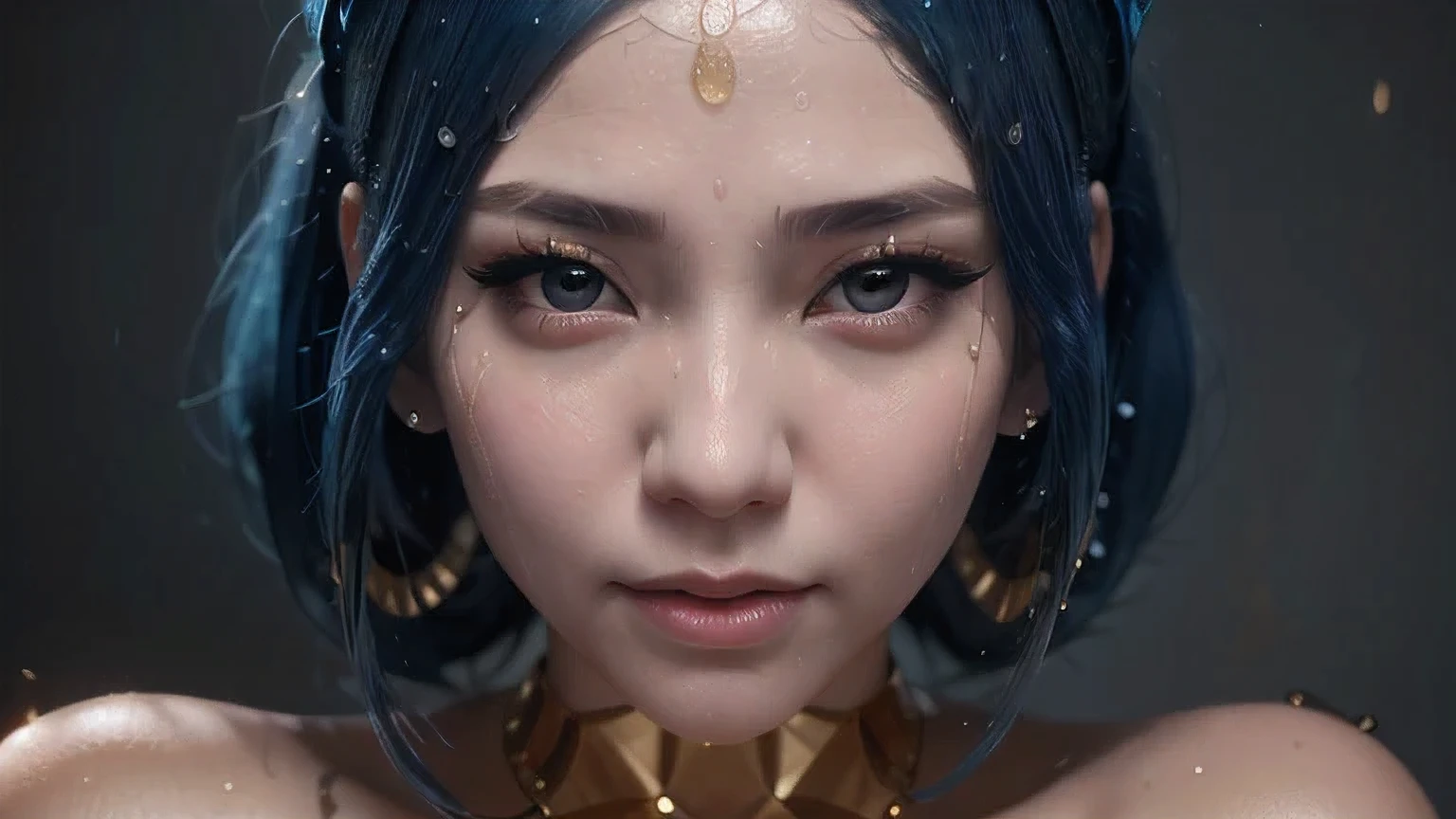 anime girl with blue hair and gold earrings holding a toy, rossdraws portrait, hyper detail portrait, 8k portrait render, cgsociety portrait, ultra detailed portrait, fanart best artstation, trending on cgstation, closeup character portrait, 8k artgerm bokeh, 8k high quality detailed art, by Yang J, wlop art，A woman with a towel wrapped around her head，Water droplets on face, Artwork in the style of Guweiz, 8k portrait rendering, Realistic anime girl rendering, Rostland 8K, surreal anime, Soft portrait shots 8 k, 3D animation realistic, 3D Rendering Character Art 8k, Smooth anime CG art