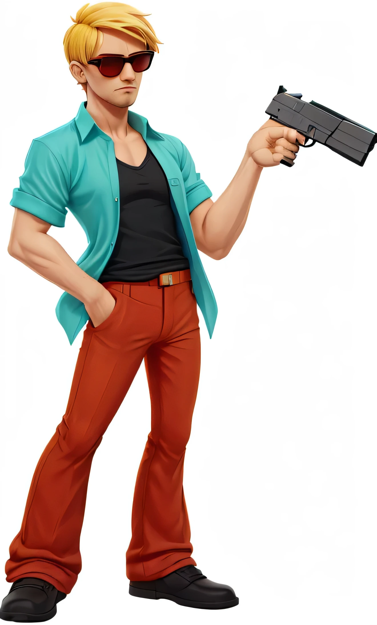 A man，Solitary, looking at the audience,tealpoll shirt，Orange casual pants，With a pistol，Blonde short hair，Wearing red sunglasses 