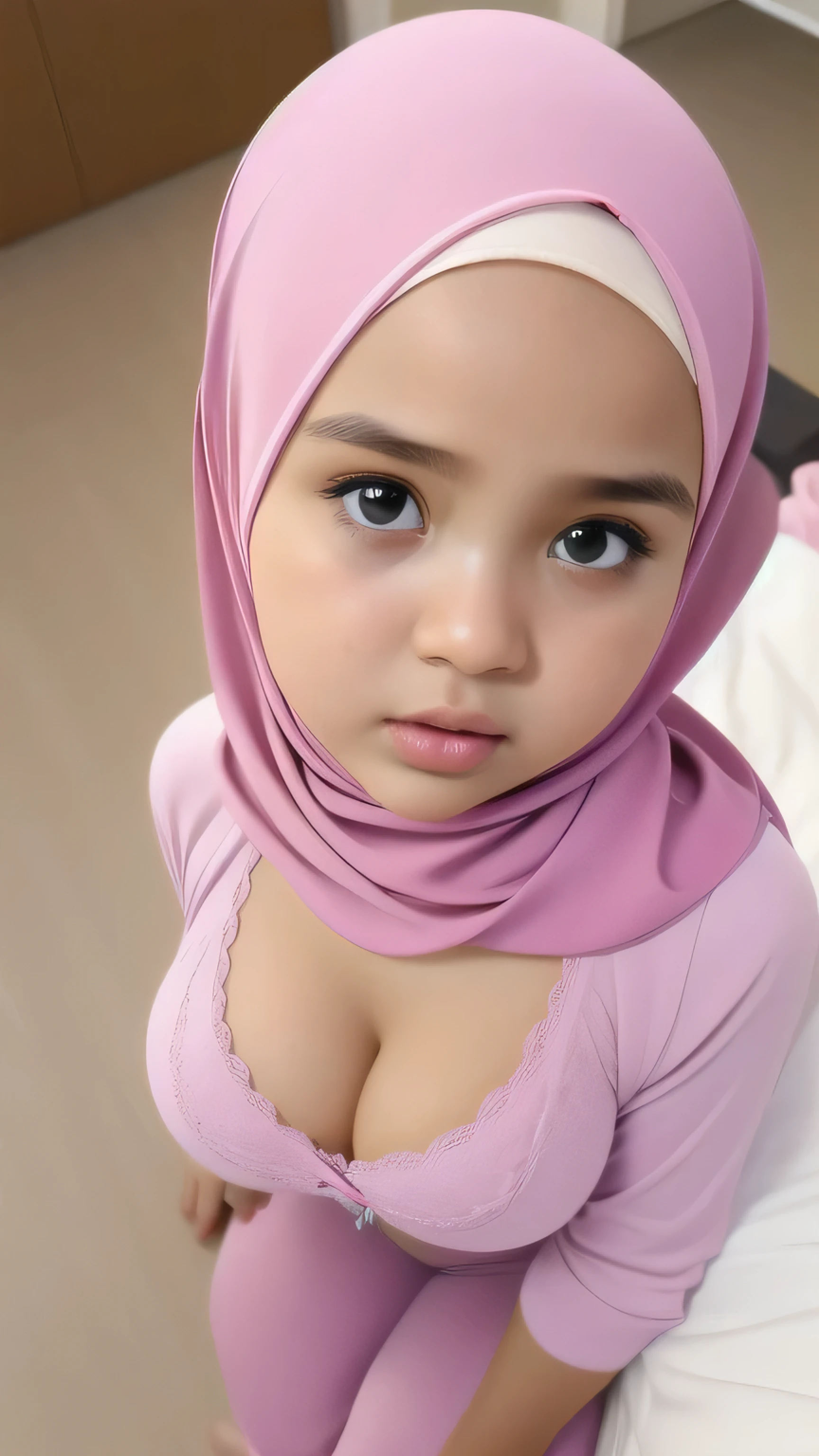 Chubby adorable, 1 girl, (face to face), 10 years old, baby face, happy, half body portrait, (face details: 1), (eye details: 1), ((big breasts)). wearing transparent transparency softpink long shirt, hijab, .. Cute posed. proportional body. Ultra High Res. realistic: 1.4, UHD, (floral pattern), view from side seductive pose 