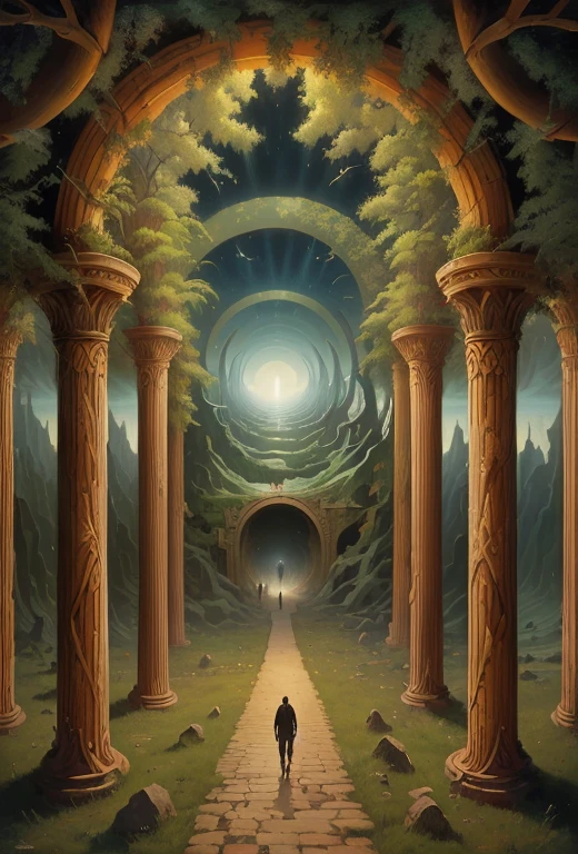 A picture of a person, walking along the path between two columns, Symmetrical fantasy landscape, сюрреалистическая картина oilм, surreal canvas, oil, inspired by Tomasz Alen Kopera, The illusion of surrealist art, surreal painting, based on Vladimir Kush, Rob McNaughton, A gateway to another dimension, эпический сюрреализм 8k картина oilм, Surreal illustration, symmetrical epic fantasy art