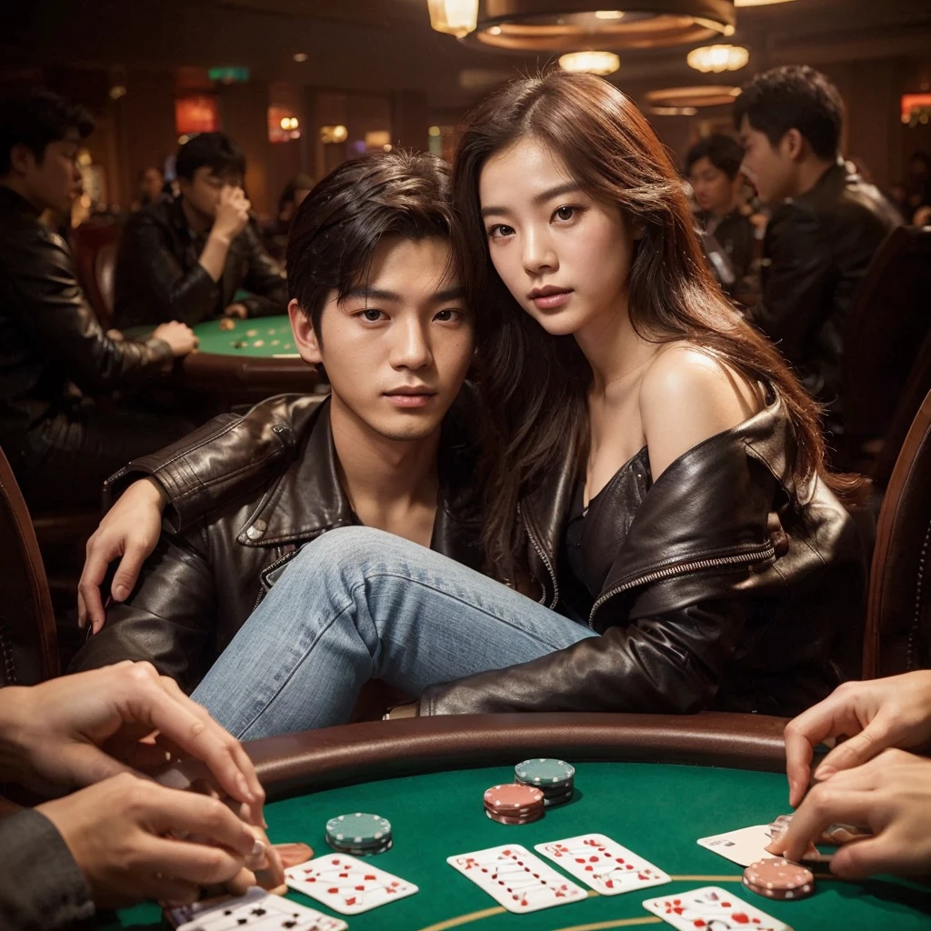 Masterpiece, best quality, photo taken from above,romantic young Korean couple, wearing a tight leather jacket,a tight leather pants,women sit on the thighs of men sitting in chairs, background casino, playing poker,looking at the camera,ultra realistic,ultra esolution,extreme detail,16k