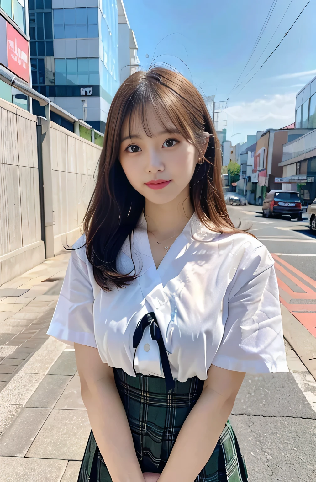 sidewalk, RAW photo, 8K, highest quality, super high resolution, beautiful face details, real human skin, gentle expression, front view, angle from below, long hair, realistic, realistic, cute, short skirt, standing deep in the city, cute , japanese  uniform, wearing Japanese , surreal high school girl, full body, Large Breasts,