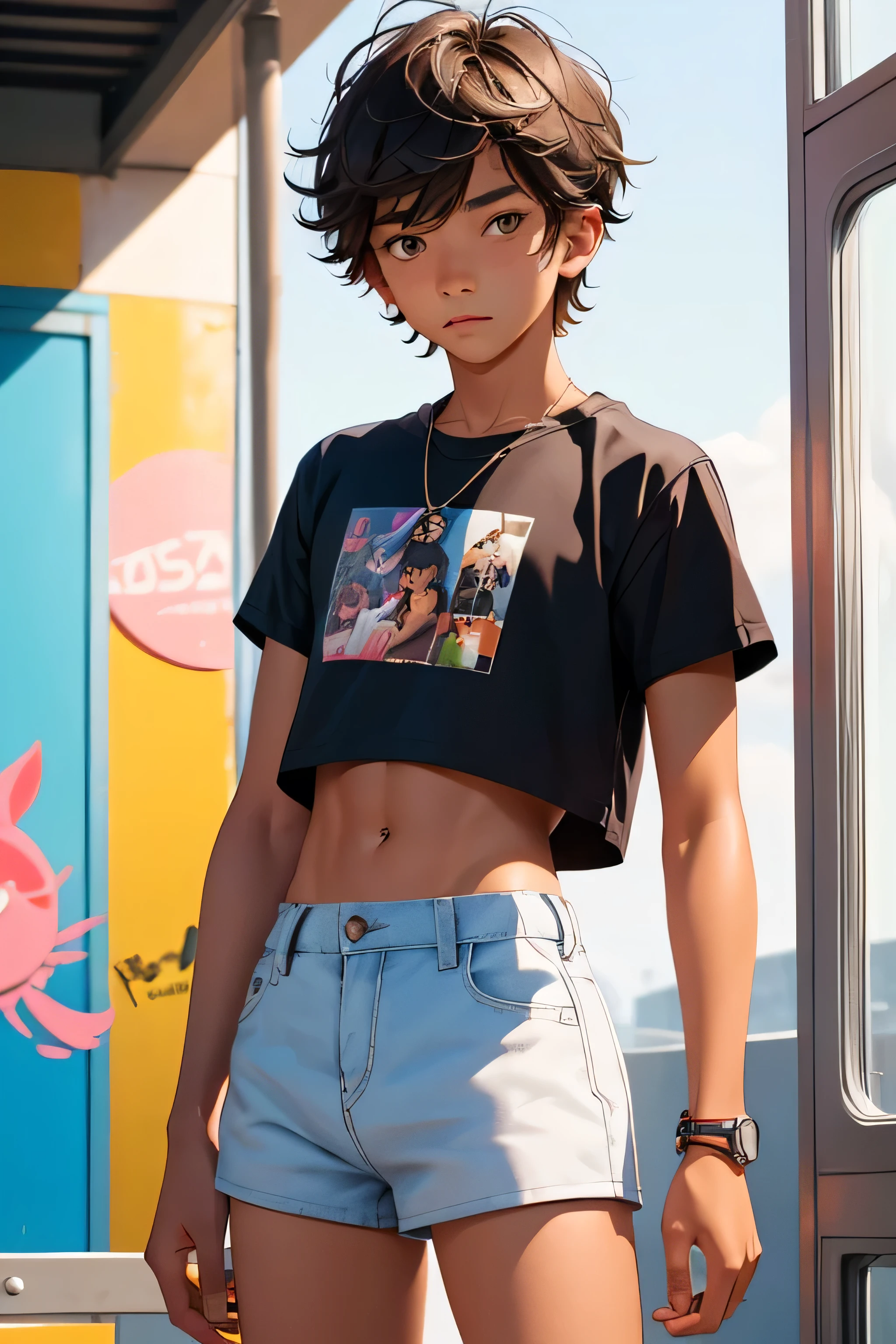 Teenage boy 15 years old, the boy is wearing a cropped shirt and too very much short mini shorts, the boy's legs are long and beautiful, his legs are very tanned, hot summer, top quality