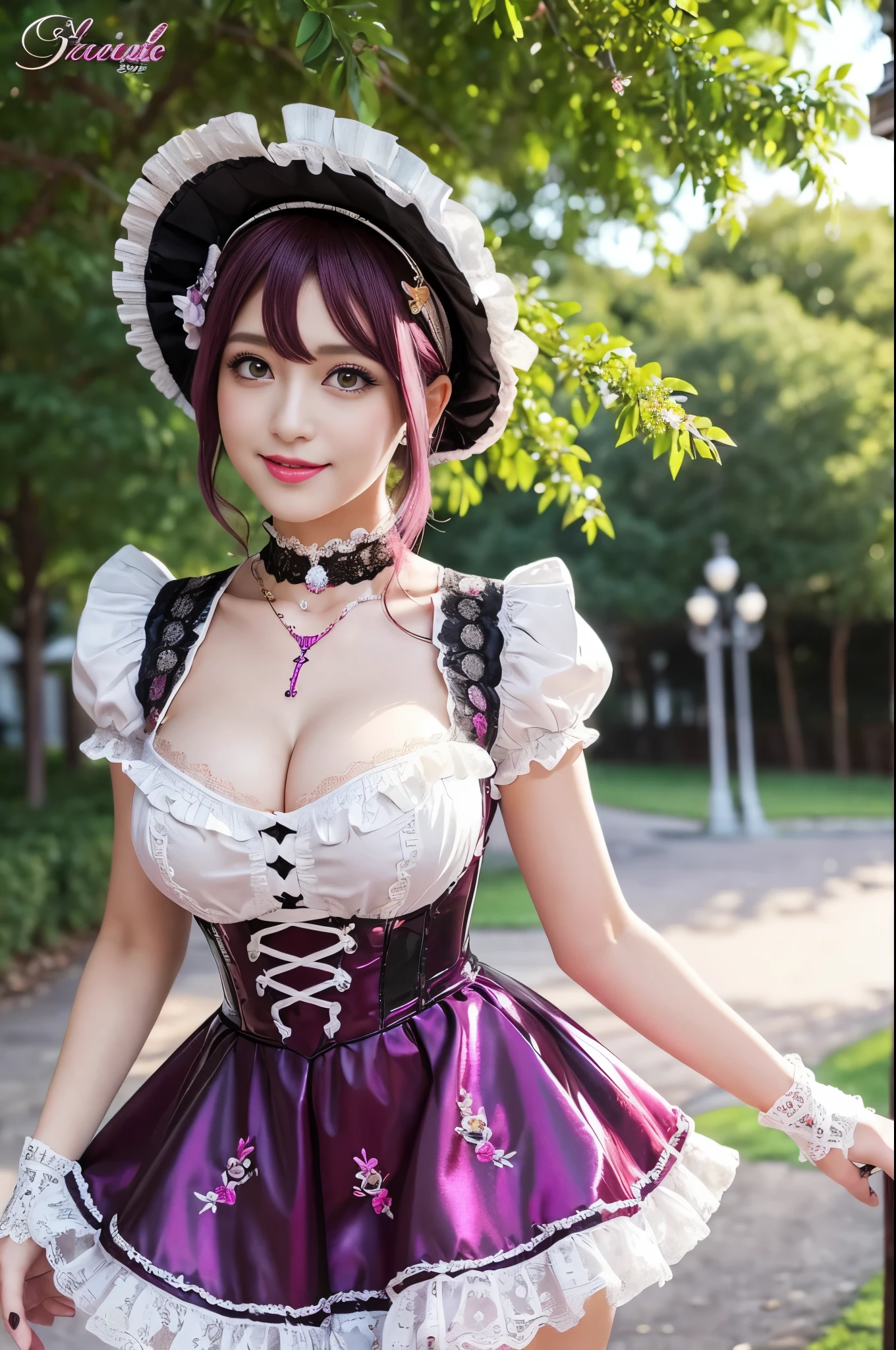 (nsfw), sexy stylish feminine model, only 1 female, ((doll-like appearance)), short magenta stylish hair, ((shiny Victorian-Style boots)), (big smile), ultra detailed eyes, vivid eye makeup, lipgloss, long lashes, defined eyebrows, ((sexy Paradise Kiss cosplay)), bell-shaped skirt, petticoats, high neckline, puffed sleeves, ((ultra detailed lace)), ((ultra detailed embroidery)), intricate details, Paradise Kiss accessoires and matching headpiece, choker, ((large sparkling Paradise Kiss jewelry)), cinematic light, detailed large park background with trees