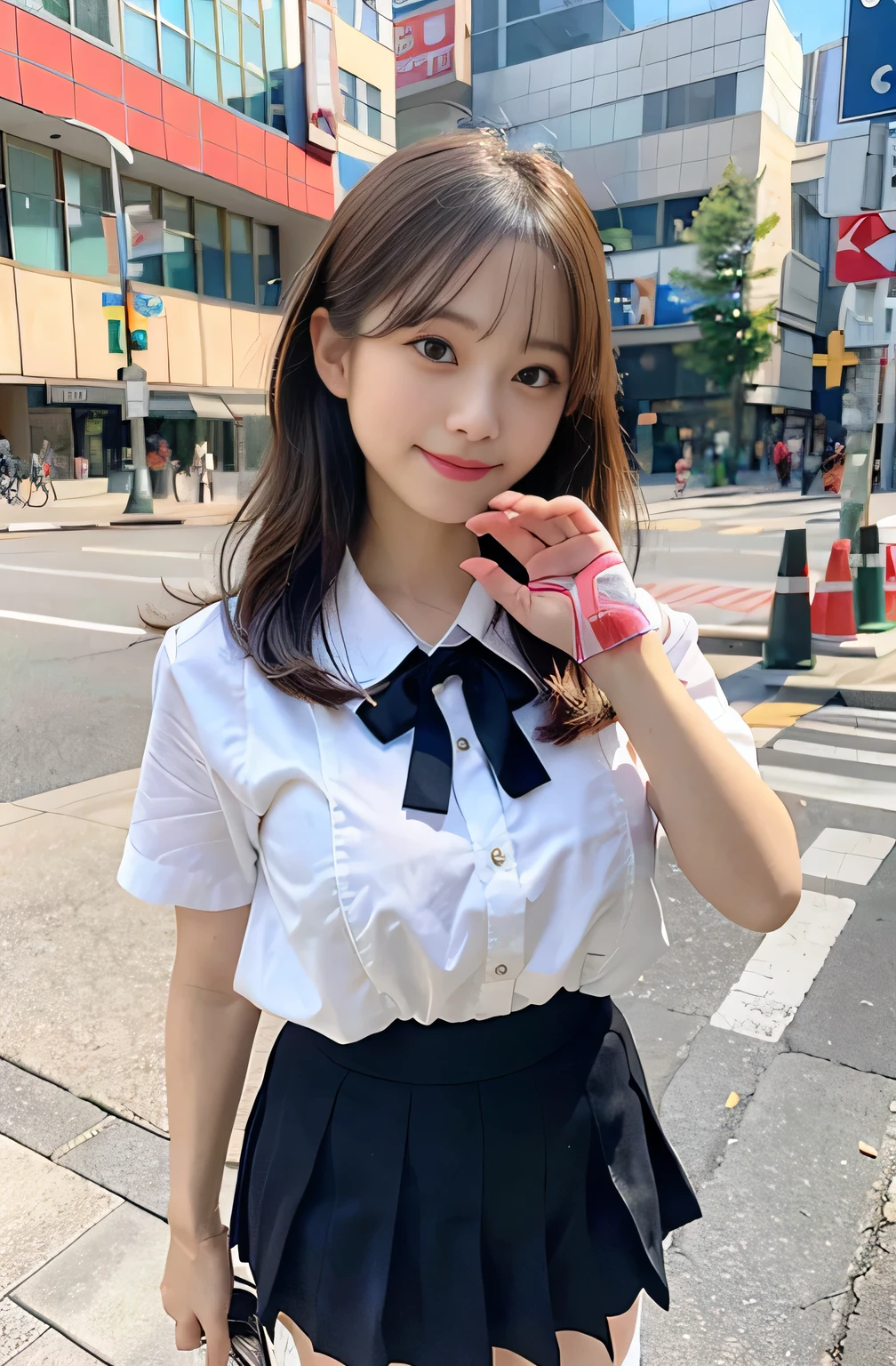sidewalk, RAW photo, 8K, highest quality, super high resolution, beautiful face details, real human skin, gentle expression, front view, angle from below, long hair, realistic, realistic, cute, short skirt, standing deep in the city, cute , japanese  uniform, wearing Japanese , surreal high school girl, full body, Large Breasts, good fingers, good hands,