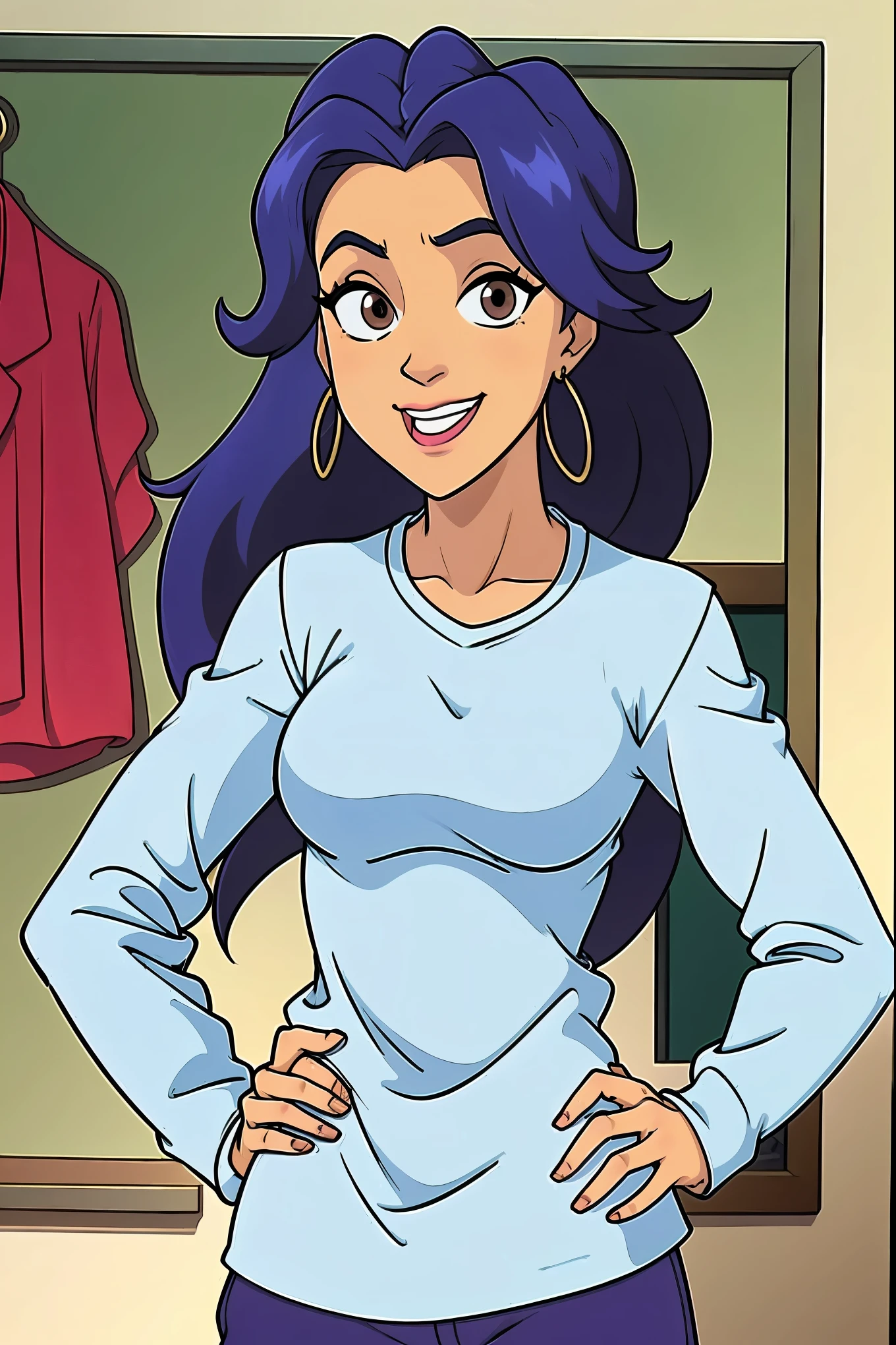 W.I.T.C.H., Susan Vamdom, brown eyes, long hair, blue hair, perfect body, brown skin, upper body, light_blue_shirt, purpl_ pants, hands on hips, smilling