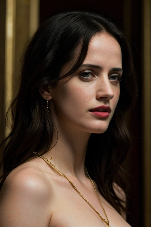High detail, Cinematic lighting, Ray tracing, angle of view, Eye level shots, hyper HD, Masterpiece, Textured skin, 4K, Best quality Eva green wearing a slim gold chain around her neck otherwise fully naked