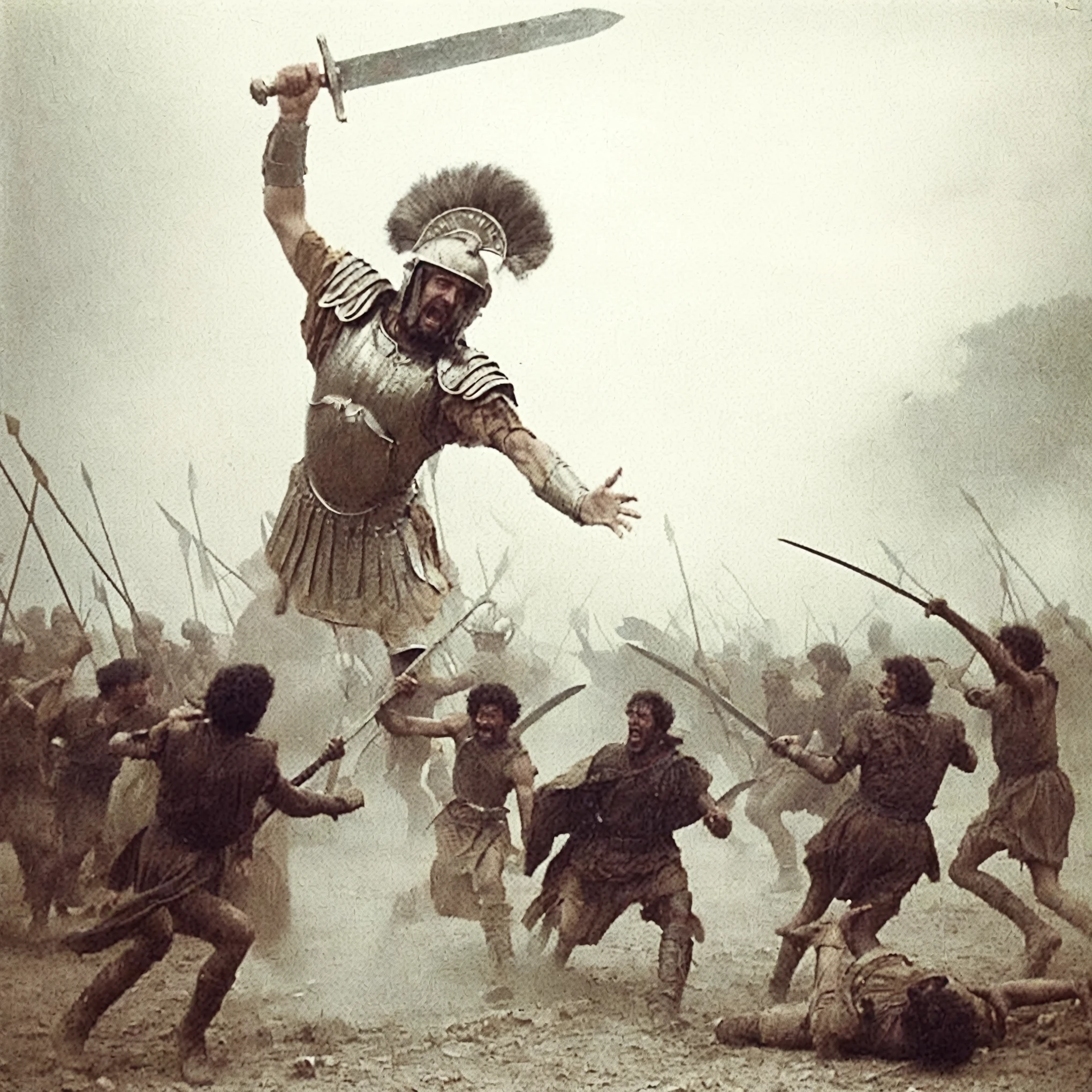 grainy old 35mm vintage, A group of curly-haired unarmed explorers being attacked by gigantic centurion soldier swinging sword
