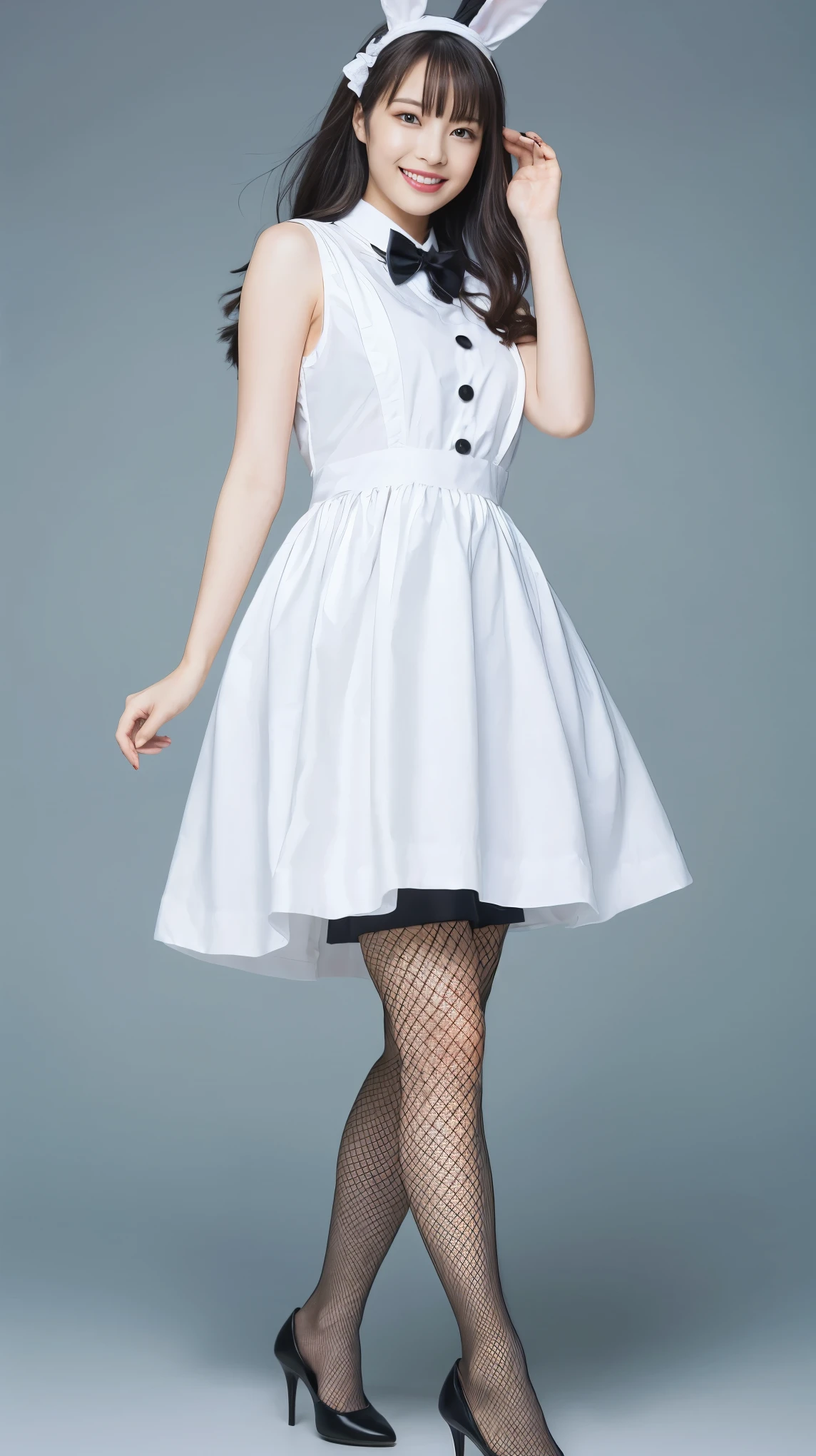 Bunny girl in maid outfit:1.5,Wearing light blue fishnet stockings:1.5,The best smile:1.5,Full Body Shot:1.5,Gray background:1.5,Wearing black high heels:1.5,