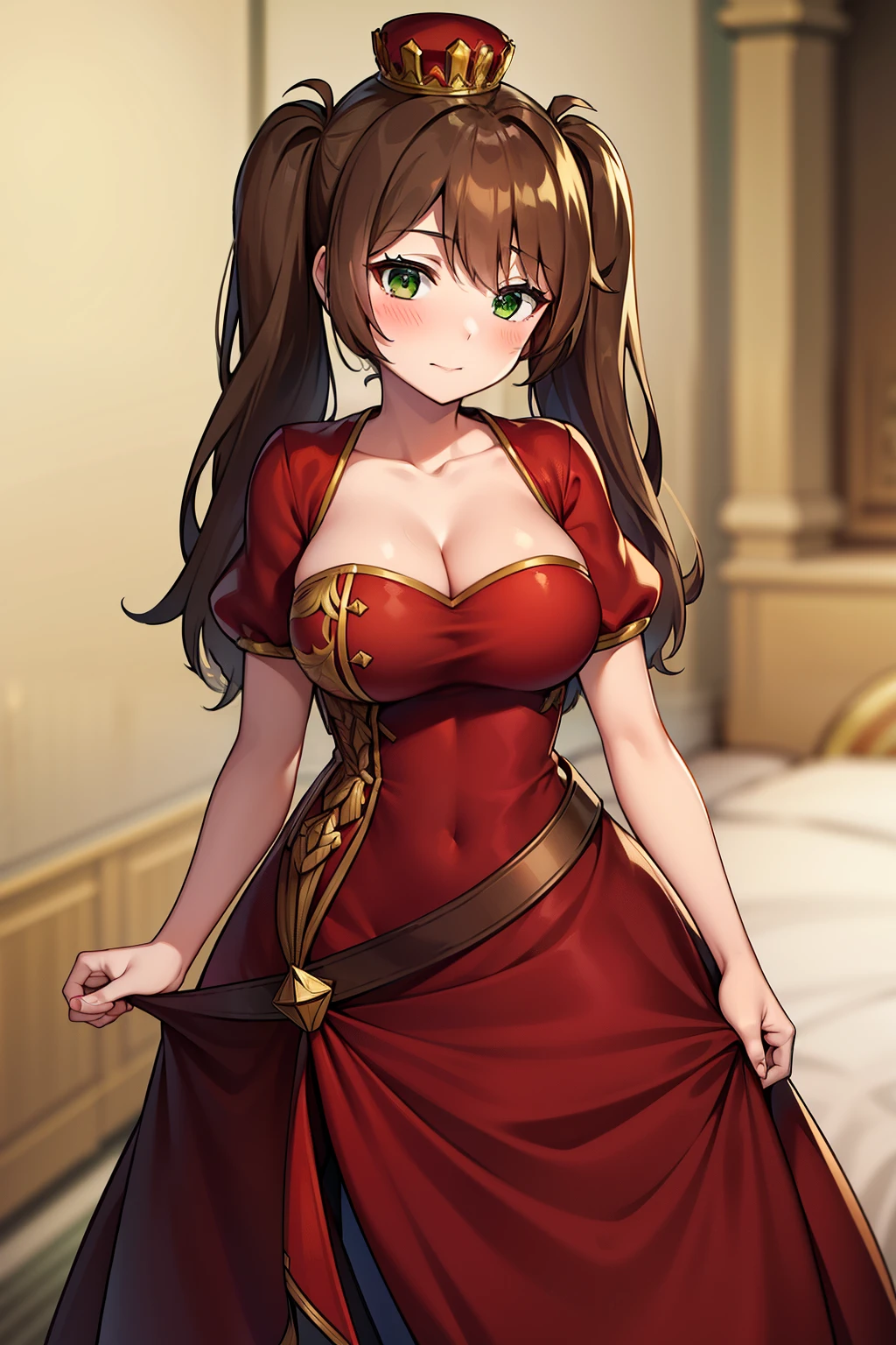 woman, medium breasts, brown hair, green eyes, medium hair, twintails, crown, blush, standing, dress, red dress, royal dress, detailed dress