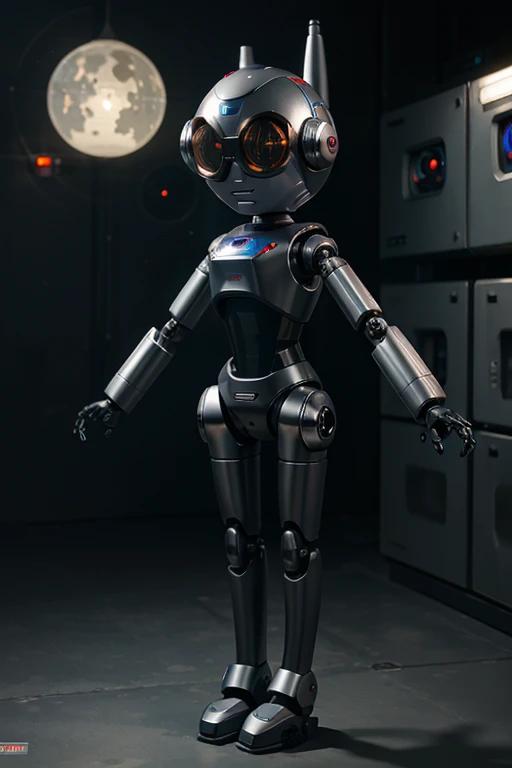 Small robot that comes from outer space. Swivel head. Eyes in the shape of glasses. Mechanical legs and arms.