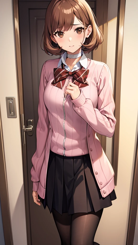 masterpiece, best quality, highres, 1girl, solo, haru okumura, (brown eyes:1.5), brown hair, short hair, black footwear, layered sleeves, loafers, long sleeves, pantyhose, pink sweater, plaid, plaid skirt, pleated skirt, print pantyhose, ribbed sweater, , shoes, short over long sleeves, shuujin academy , skirt, sweater, white pantyhose, takebadef, , cardigan, bow, skirt, choker, earrings, happy, cowbow shot, dressing room