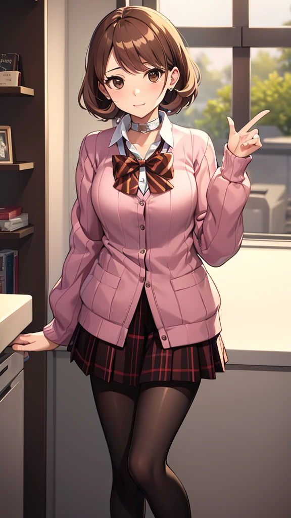 masterpiece, best quality, highres, 1girl, solo, haru okumura, (brown eyes:1.5), brown hair, short hair, black footwear, layered sleeves, loafers, long sleeves, pantyhose, pink sweater, plaid, plaid skirt, pleated skirt, print pantyhose, ribbed sweater, , shoes, short over long sleeves, shuujin academy , skirt, sweater, white pantyhose, takebadef, , cardigan, bow, skirt, choker, earrings, happy, cowbow shot, dressing room