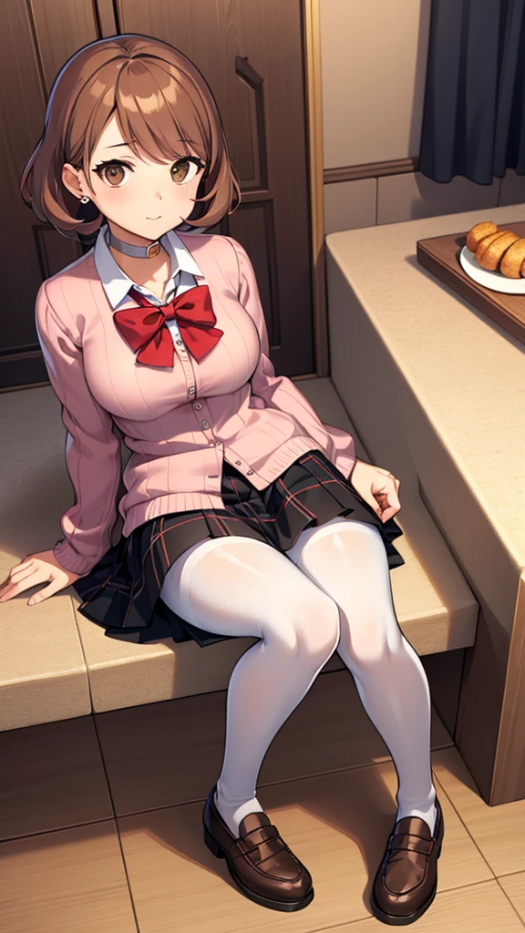 masterpiece, best quality, highres, 1girl, solo, haru okumura, (brown eyes:1.5), brown hair, short hair, black footwear, layered sleeves, loafers, long sleeves, pantyhose, pink sweater, plaid, plaid skirt, pleated skirt, print pantyhose, ribbed sweater, , shoes, short over long sleeves, shuujin academy , skirt, sweater, white pantyhose, takebadef, , cardigan, bow, skirt, choker, earrings, happy, cowbow shot, dressing room