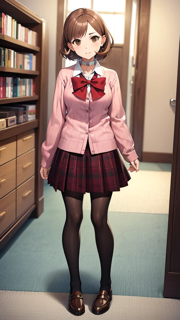 masterpiece, best quality, highres, 1girl, solo, haru okumura, (brown eyes:1.5), brown hair, short hair, black footwear, layered sleeves, loafers, long sleeves, pantyhose, pink sweater, plaid, plaid skirt, pleated skirt, print pantyhose, ribbed sweater, , shoes, short over long sleeves, shuujin academy , skirt, sweater, white pantyhose, takebadef, , cardigan, bow, skirt, choker, earrings, happy, cowbow shot, dressing room