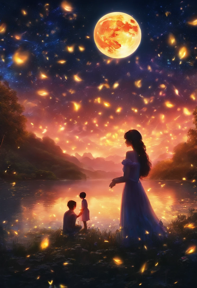 (masterpiece,4K,8k,wallpaper)、Lake with a lot of fireflies、Fantasy World、A man and a woman hug each other and try to kiss、The fantastic light of fireflies、Romantic view、Shining Lake、Fantastic World、beautiful