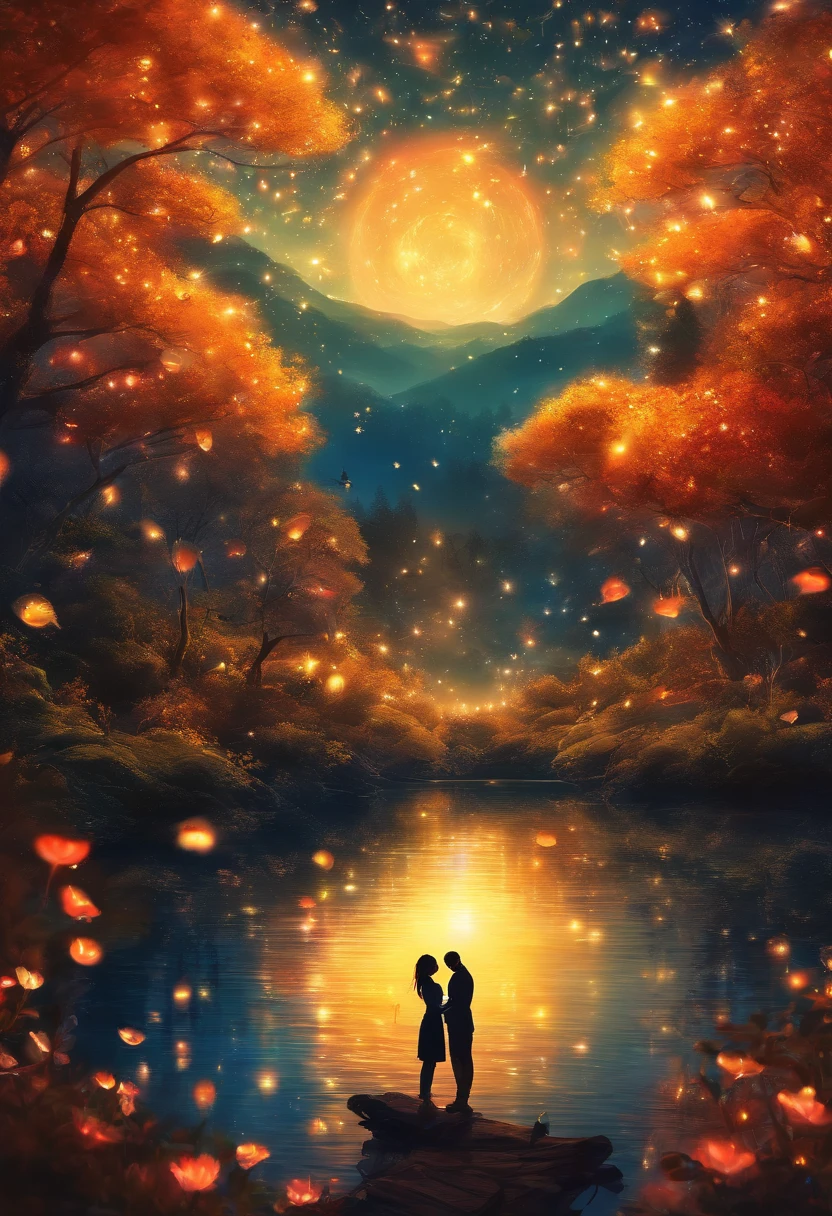 (masterpiece,4K,8k,wallpaper)、Lake with a lot of fireflies、Fantasy World、A man and a woman hug each other and try to kiss、The fantastic light of fireflies、Romantic view、Shining Lake、Fantastic World、beautiful