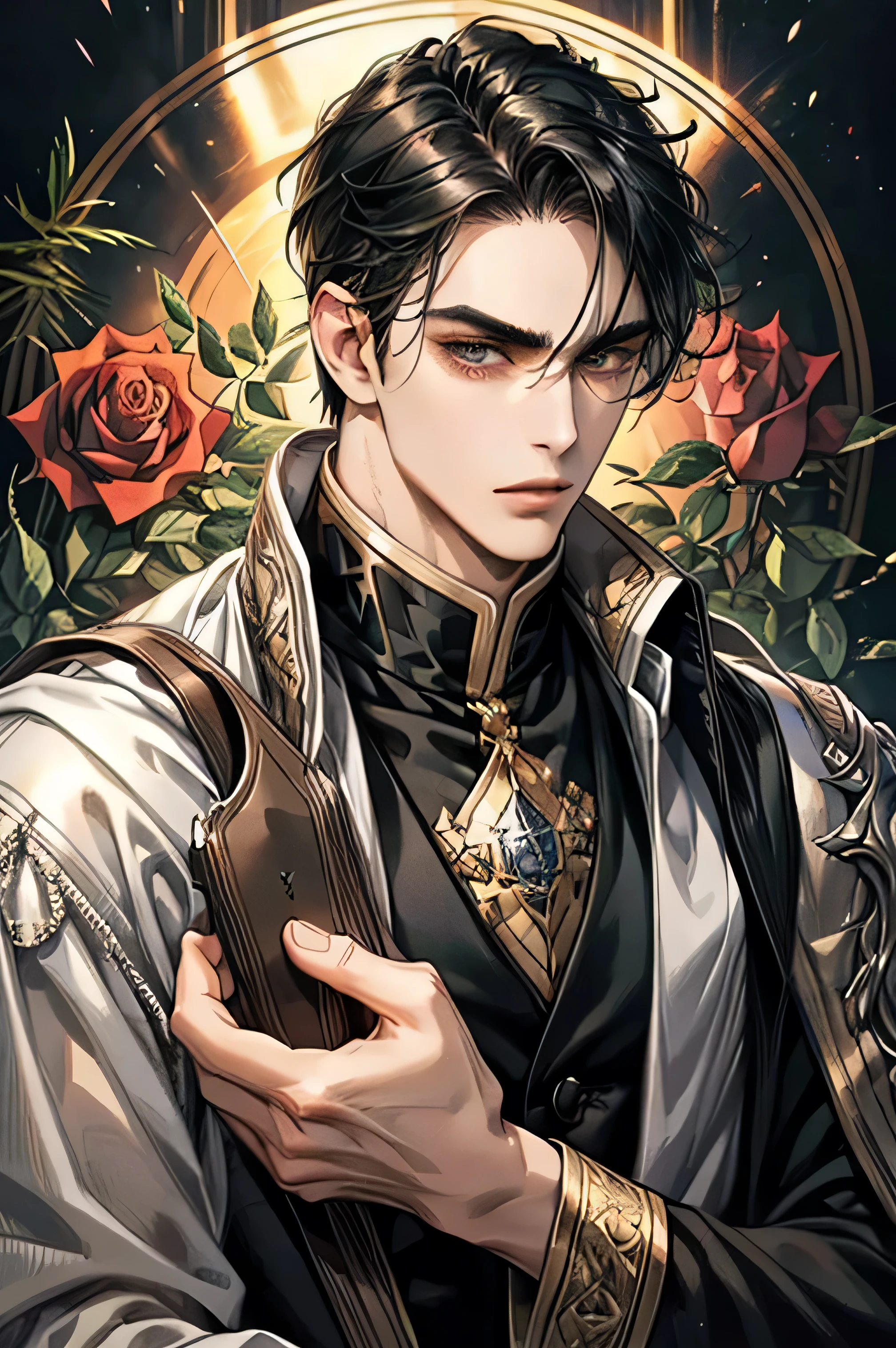 Handsome boy, mature, gray eyes, black hair, thick eyebrows, strong jawline, flat facial expression, noble dress, holding a rose ,high resolution, detailed accessories, detailed hair, pale skin, late afternoon background,