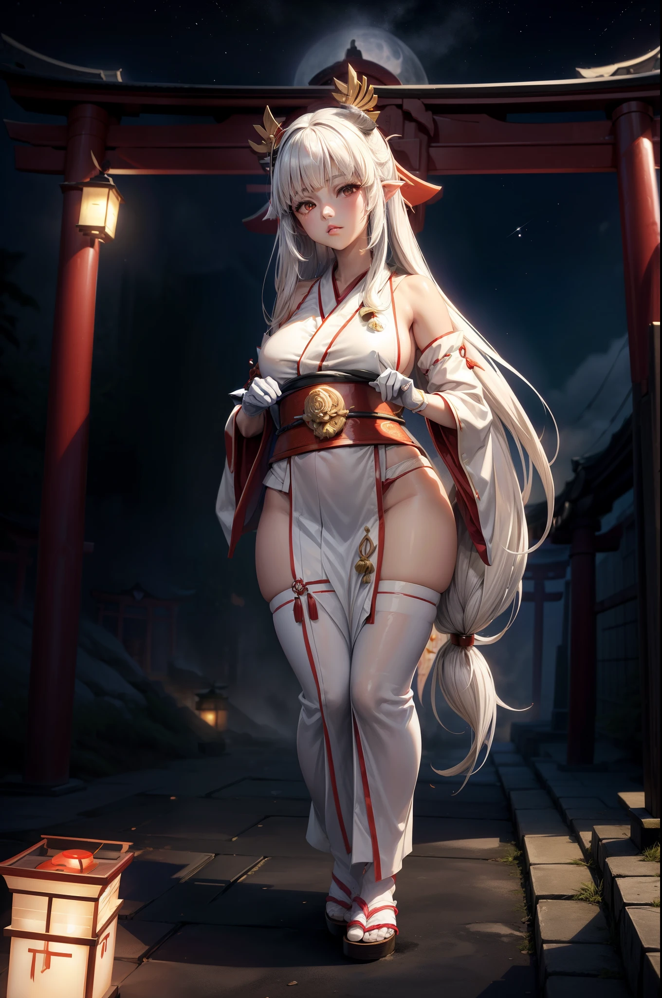 a beautiful girl, Beautiful face, Beautiful body, Plump, ((shrine maiden)), Priestess clothing, white hair, gloves, long hair, bangs, blunt bangs, hair decoration, full body visible, Japanese Shrine, torii gate, Lamp , wide angle, Moonlight, 8k, accurate, anatomically correct, textured skin, high detail, best quality