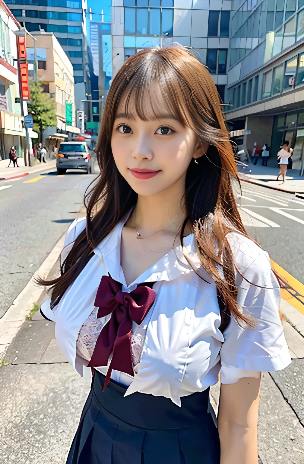 sidewalk, RAW photo, 8K, highest quality, super high resolution, beautiful face details, real human skin, gentle expression, front view, angle from below, long hair, realistic, realistic, cute, short skirt, standing deep in the city, cute , japanese  uniform, wearing Japanese , surreal high school girl, full body, (Large Breasts:1.5), good fingers, good hands,