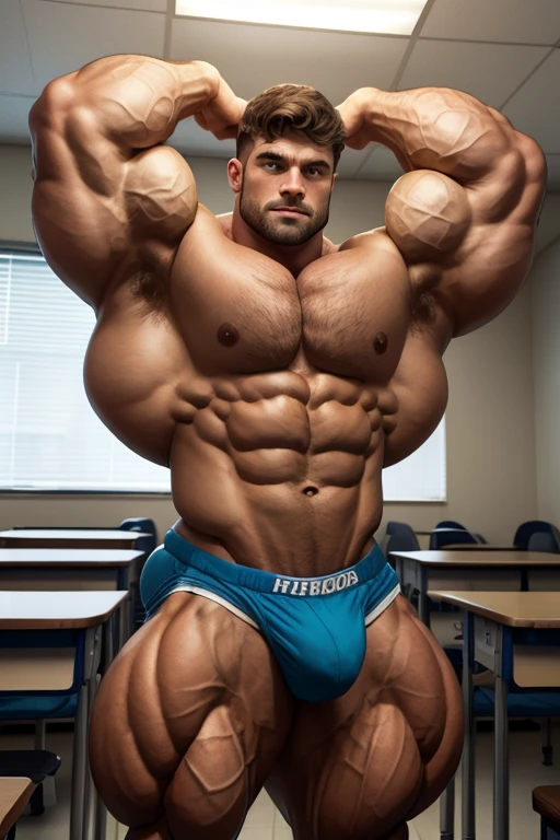 A normal young high school teenager standing in a classroom full of dumb jocks with dull glassy-eyed stares flexes and stares blankly ahead with open mouth as his muscles grow bigger and tear out of his tight shirt, assimilating to become just another stereotypical dumb brainwashed bodybuilder jock bro in a class of dumb jocks as he flexes with his new classmates, saying, "Give in to the swelling tide. The dumb jock grows. The old nerd dies." in dull mindless voice as he becomes just as dull and glassy-eyed. A less muscular student watches in horror, even as he starts to flex with them and his eyes become dull as he starts to become bigger and dumber, too. Hyper muscles. Big biceps. Big triceps. Big traps. Broad shoulders. Massive pecs. Strong abs. Bulging crotch. Hyper bulge. Bro. Brain to brawn. Brute. Assimilation. Hypnosis. Brainwashing.  Dumber and dumber. IQ drain. Compression gear. Hairy armpits. Bigger. Dumber. Hypnotized. Brainwashed.