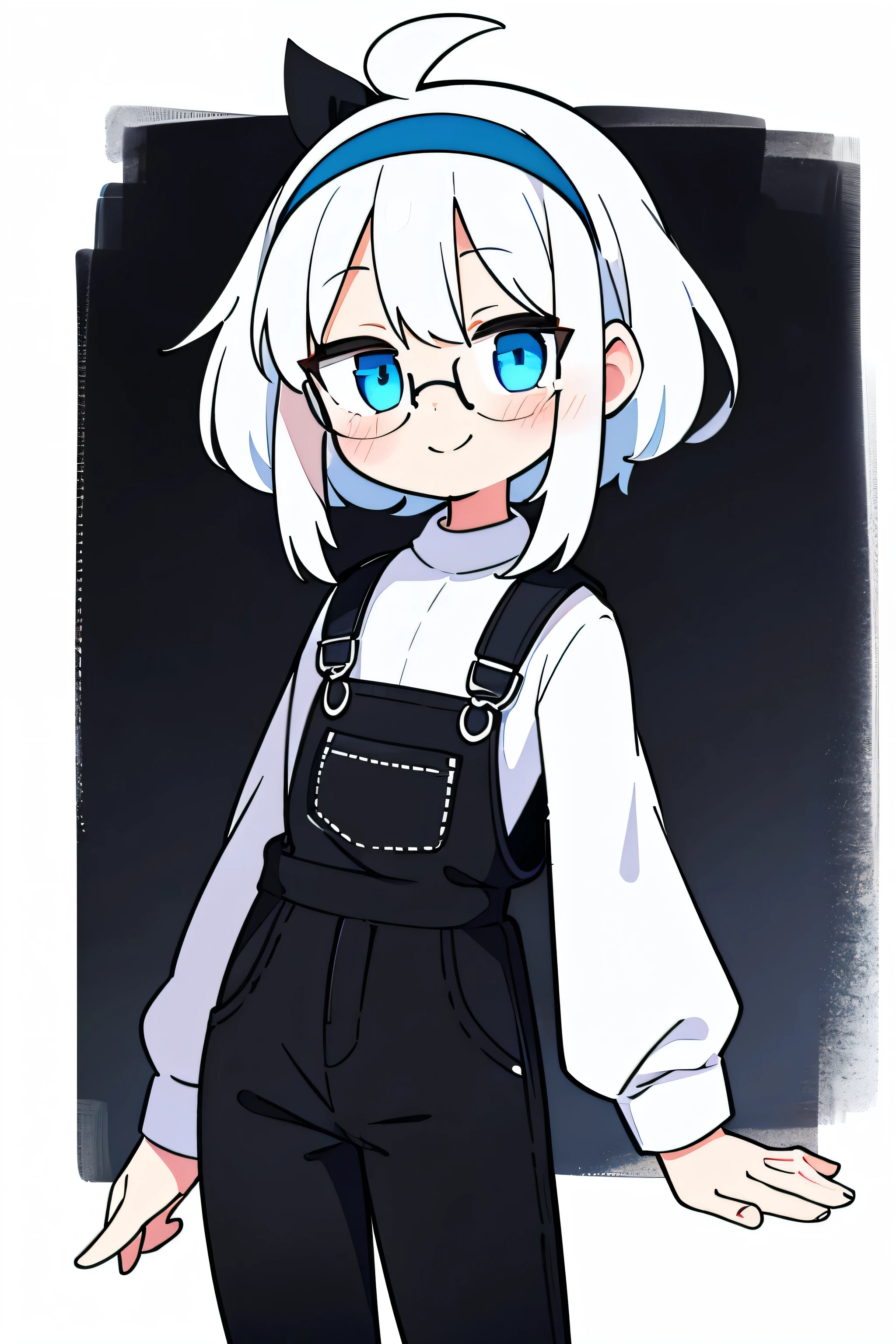 A girl , fluffy pixie (white) hair, white headband ,black glasse , blue eye ,Black Overalls w White Crop Shirt , black pant , smile ,blush
