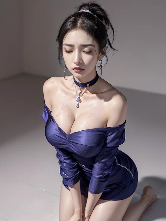 a chinese beauty,32 years old,(Pale skin),necklace,choker necklace ,earrings 、((deep sadness、sorrow、Lips open . frown. Feeling very painful expression,masterpiece,original photo,best quality,detail:1.2)),,Endless Realism,High-granularity CG integration 8k, Full body image:1.5 (Sweat)(Sexy pose),Perfect body (short, off shoulder dress,There are scars on clothes,Has deep cleavage,The material is very thin:1.3) ,short hair tied into a ponytail,Showing off long legs:1.3 (frown,Eyes closed and moaning expression:1.0) Kneel down with a clean forehead:1.0
