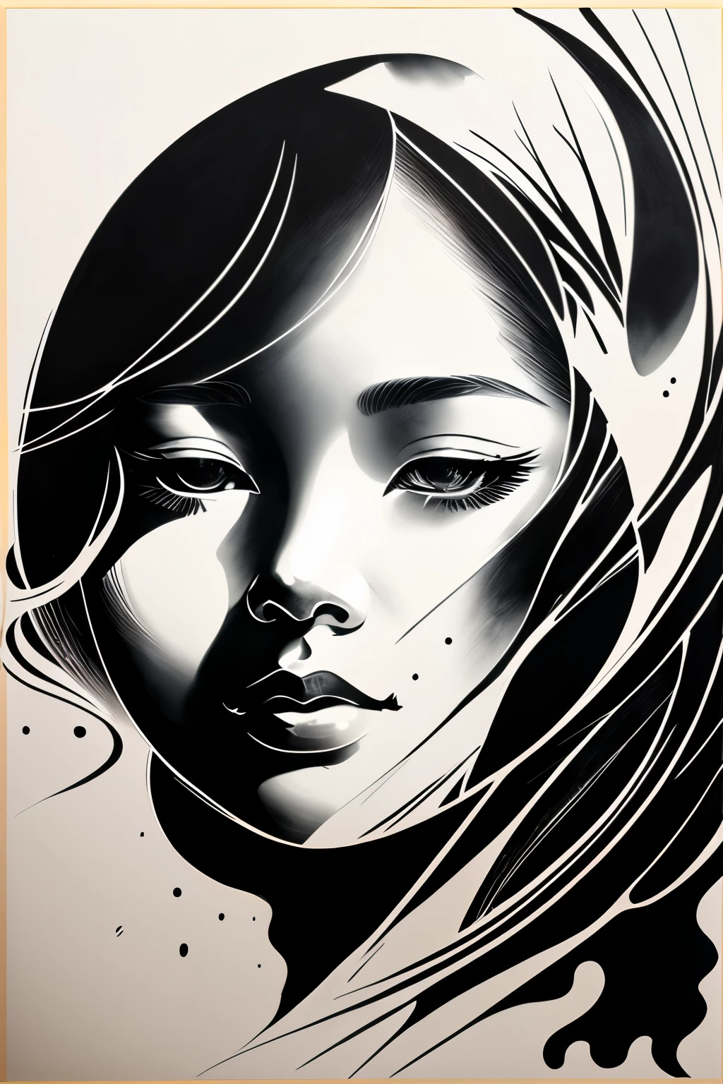 best quality, super fine, 16k, delicate and dynamic, black and white ink painting, close-ups of faces, memorable depictions of faces only, water blur effect, brush stroke effect, abstract painting, smudged gray effect