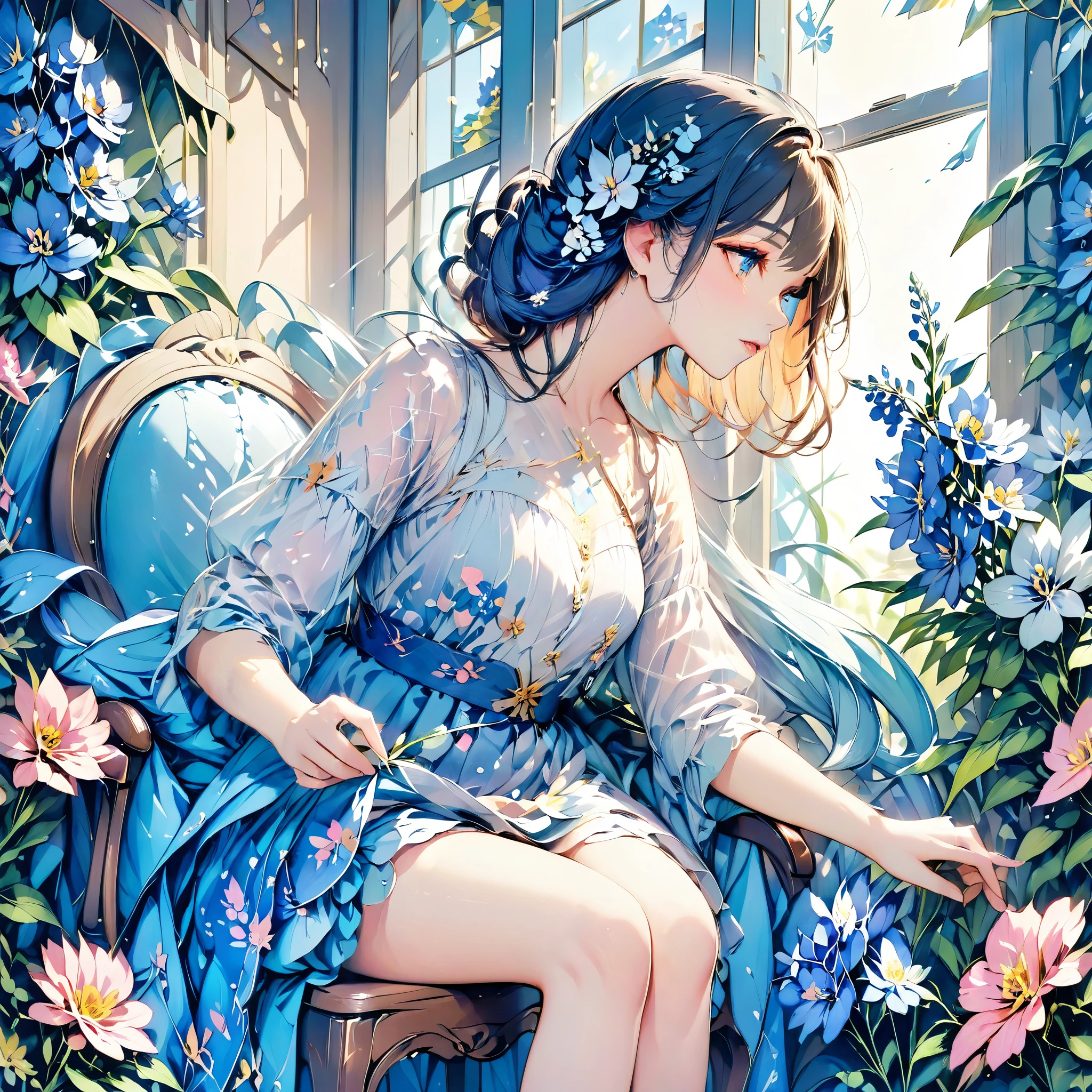 (highest quality, masterpiece, Surreal), Beautiful and delicate profile of a girl sitting on a chair, Playful and cute, Floating petals in the background,Delphinium flower