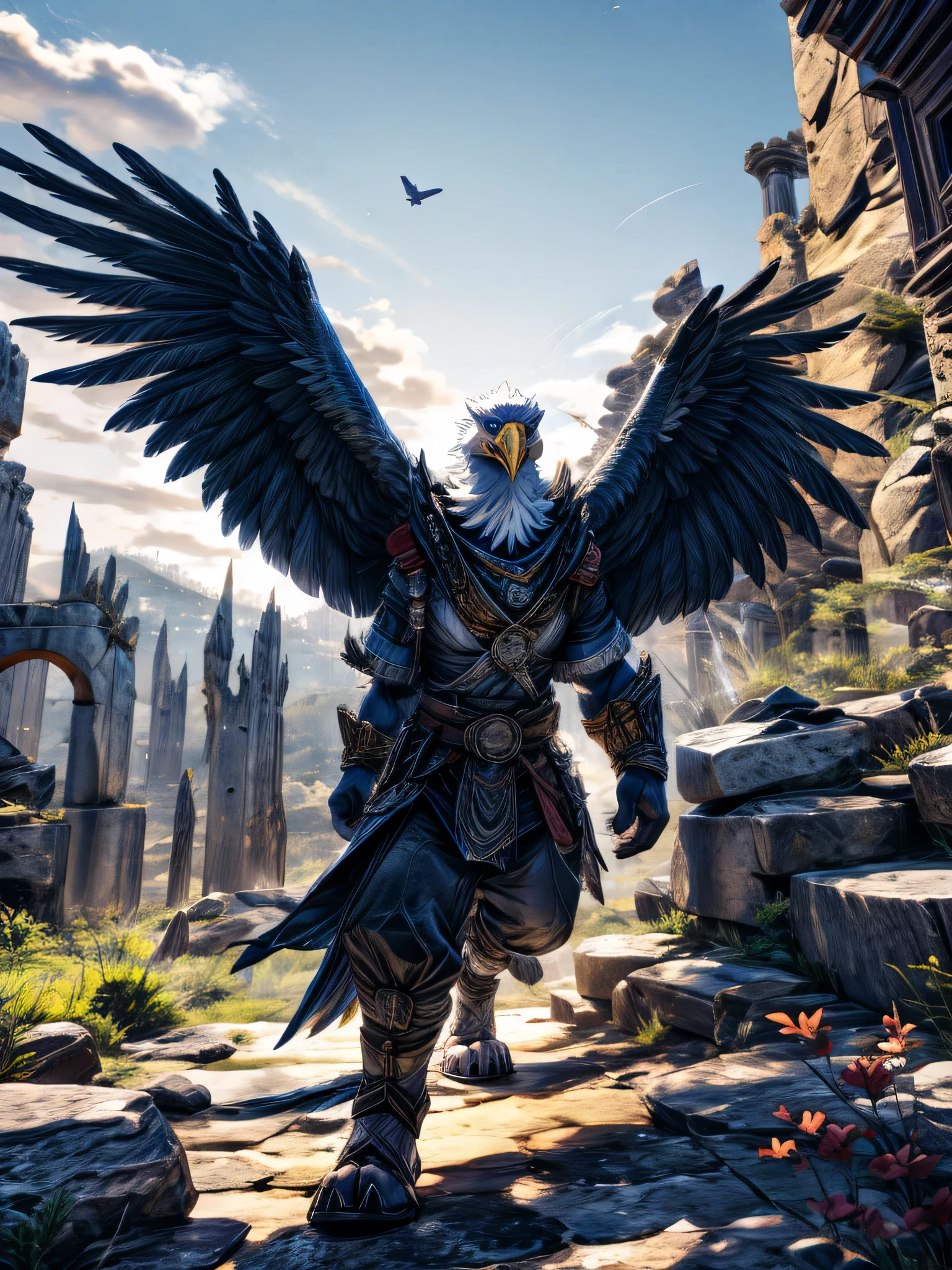 a majestic eagle soaring through the sky, detailed feathers, white clouds, towering rock formations, ruins of an ancient stone city, happy smiling face, sharp beak, mid-flight, adventurer outfit, (best quality,4k,8k,highres,masterpiece:1.2),ultra-detailed,(realistic,photorealistic,photo-realistic:1.37),concept art,dramatic lighting,vibrant colors,furry