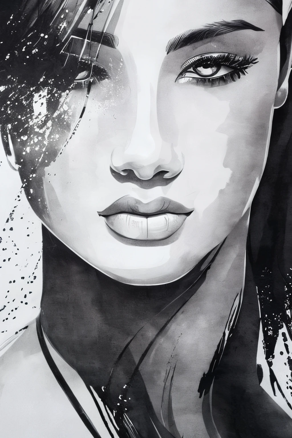 best quality, super fine, 16k, delicate and dynamic, black and white ink painting, close-ups of faces, memorable depictions of faces only, water blur effect, brush stroke effect, abstract painting, smudged gray effect