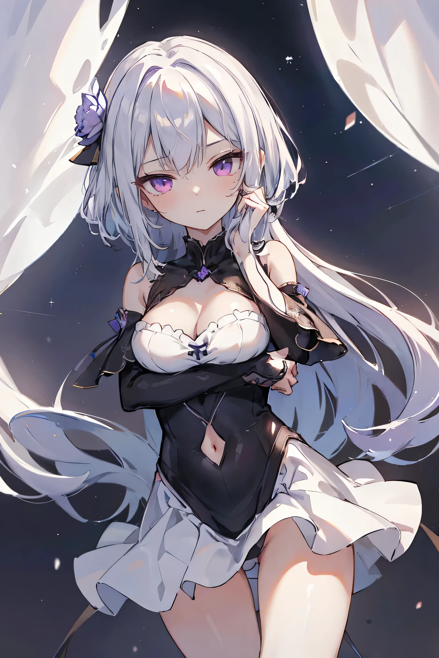 1girl, anime, cute girl, blank background, white background, fantasy, detailed fantasy dress with highlights, beautiful face, beautiful eyes, dark colors, black hair with multicolor streaks, red eye with different color pupil in eye, multicolor eye, medium breasts, slight cleavage, beautiful skin, cute, breast curtains, extremely delicate and beautiful, (beautiful detailed face:1.0), (detailed deep eyes), symmetrical breasts, deep eyes, shiny skin, portrait, slender waist, hips wider than shoulders, thighs, expressionless, young girl, luminous eyes, adorable,(Kpop idol),(aegyo sal:1),(Platinum blonde hair:1),((puffy eye)),Black panty,sexy posture,Superskirt, Ultra-high resolution,Black collar,slim figure, Abdominal y tattoo, womb tattoo,Tight-fitting leg ring,y tattoo on half-body,Bare skin, Armored hand,Hidden fingertips,Hand covered,Arm covered,Fist covered,{{beautiful detailed fingers}}, tufts of hair, moderate beautiful breast:1.0,(masterpiece:1.2), best quality, high-res, HDR, perfect face, intricate armor, delicate blue filigree, intricate filigree, red metalic parts, detailed part, dynamic pose, dynamic lights, cute face, neutral expression, shuimobysim, lotus, hanfu, maxi skirt, dress conservatively 1girl, solo, long blue hair, standing, One lady,14years,((White hair) ,(Shiny purple bodysuit with microskirt),((Fantasy, Moon Night)), gradient_eyes,