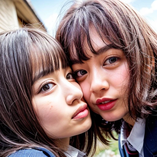Best_Quality, HDR, masterpiece, Hi-Res, (realistic and photorealistic with touch of rawness:1.37), (group photo:1.6), ((SchoolGirls Surrounding the camera in Upward composition)), Panoramic, (Full of many Faces), (NOGIZAKA face variations:1.4), { Looking down at the camera | (Kissing face to face) }, (((close:1.2, Face closeup from below:1.4))), (((Sky background)) with CherryBlossoms) . BREAK Extremely Detailed KAWAII face variations, captivating gaze, elaborate detailed Eyes with (sparkling highlights:1.32), long eyelashes、Glossy RED Lips with beautiful details, Coquettish tongue, Rosy cheeks, Glistening ivory skin . { (Dynamic joyful expressions) | (:D) | (Kissing) }, Childish, SchoolUniform, { Bangs | Hime cut | OKAPPA }