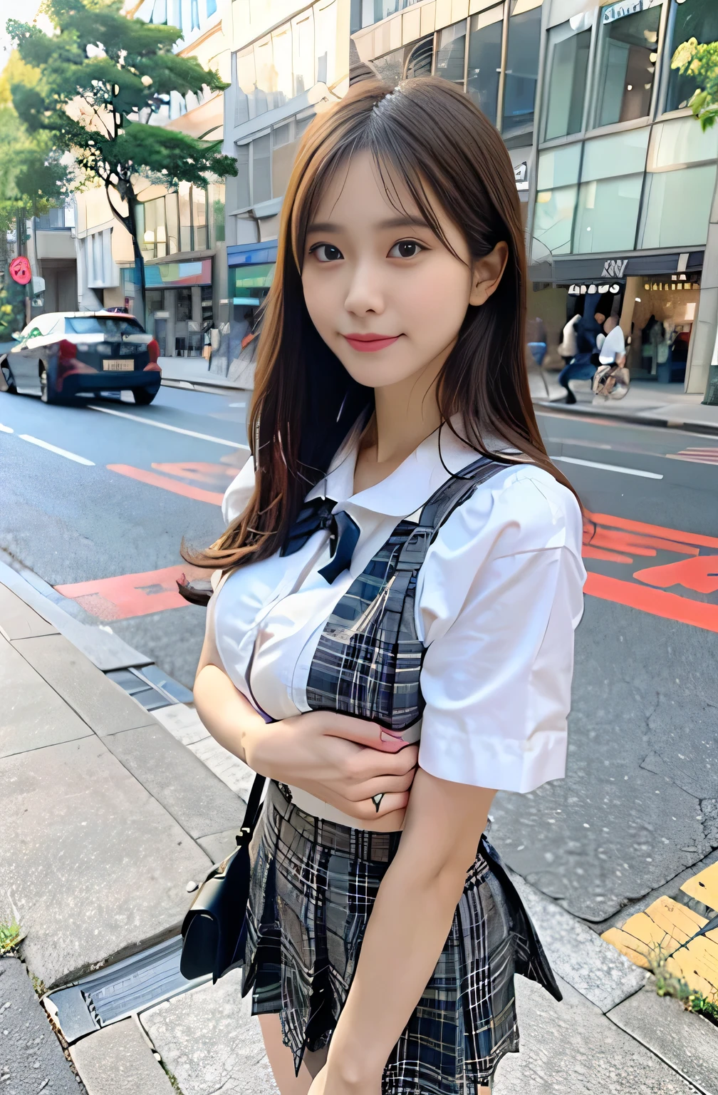 sidewalk, RAW photo, 8K, highest quality, super high resolution, beautiful face details, real human skin, gentle expression, front view, angle from below, long hair, realistic, realistic, cute, short skirt, standing deep in the city, cute , japanese  uniform, wearing Japanese , surreal high school girl, full body, (Large Breasts:1.2), good fingers, good hands, (Slim Body:1.5),