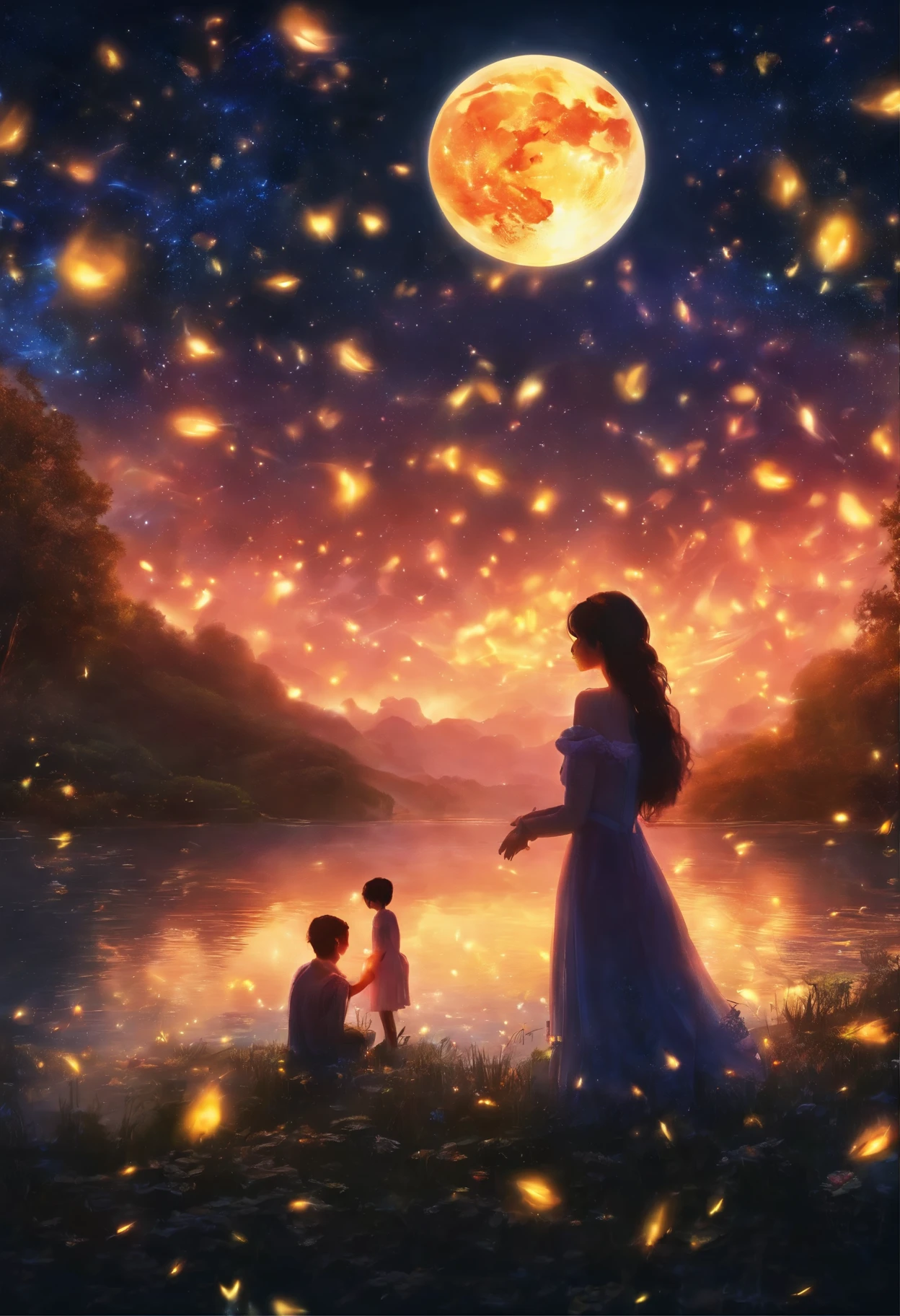 (masterpiece,4K,8k,wallpaper)、Lake with a lot of fireflies、Fantasy World、A man and a woman hug each other and try to kiss、The fantastic light of fireflies、Romantic view、Shining Lake、Fantastic World、beautiful