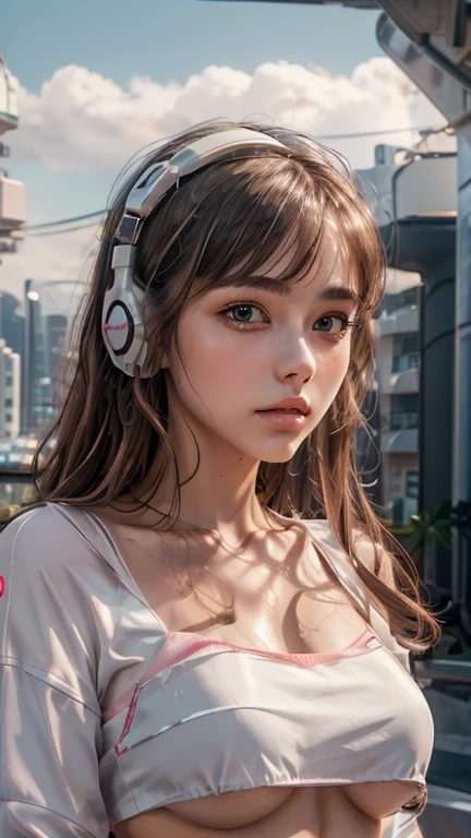 masterpiece, highest quality, Very detailed, 8k, RAW Photos, Realistic, One Girl, alone, Rim Light, Very detailed face, (Contrasting:1.1), Shoot from the front, (head shot:1.6), Upper Body, smile, Amazingly cute young Russian girl, Droopy eyes, pale pink plump lips, Light brown straight medium hair、With bangs, Light brown thin eyebrows, Oily skin, Wet Skin, Wearing an ivory and pink cyberpunk style bikini and jacket, Put on some high-tech headphones, Mid-chest, Cyberpunk city residential area, thunderclouds in the sky, Midsummer