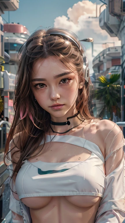 masterpiece, highest quality, Very detailed, 8k, RAW Photos, Realistic, One Girl, alone, Rim Light, Very detailed face, (Contrasting:1.1), Shoot from the front, (head shot:1.6), Upper Body, smile, Amazingly cute young Russian girl, Droopy eyes, pale pink plump lips, Light brown straight medium hair、With bangs, Light brown thin eyebrows, Oily skin, Wet Skin, Wearing an ivory and pink cyberpunk style bikini and jacket, Put on some high-tech headphones, Mid-chest, Cyberpunk city residential area, thunderclouds in the sky, Midsummer