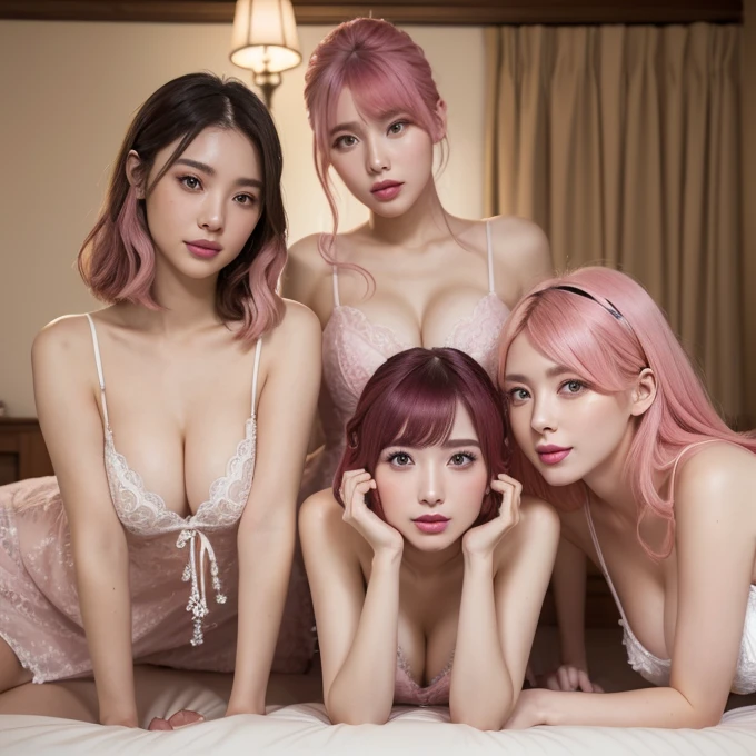 Realistic, (photo-Realistic:1.37),(8k, RAW Photos, highest quality, masterpiece:1.2), cute, Dayu Seren, (Pink Hair :1.3),(highest quality、Tabletop、8k、Best image quality、Award-winning works)、(Group photo of three beautiful women:1.5)、(Harem of three women:1.5)、Perfect composition、(Huge breasts:1.2)、(very long, Protruding chest:1.2)、(very long and wide chest:1.2)、(柔らかい垂れたHuge breasts:1.2)、clavicle、(The perfect dress:1.2)、(Very atmospheric and warm lighting:1.1)、(The location is a huge bed in a luxury love hotel...:1.1)、(He looked at me with a happy expression.:1.1)、Sexy sculpture pose、Perfect Makeup、Ultra-high resolution beauty face、Ultra HD Hair、Ultra-high resolution sparkling eyes、Super high quality glossy lip、Accurate anatomy、Very beautiful skin、Ultra-high resolution, Glowing Skin