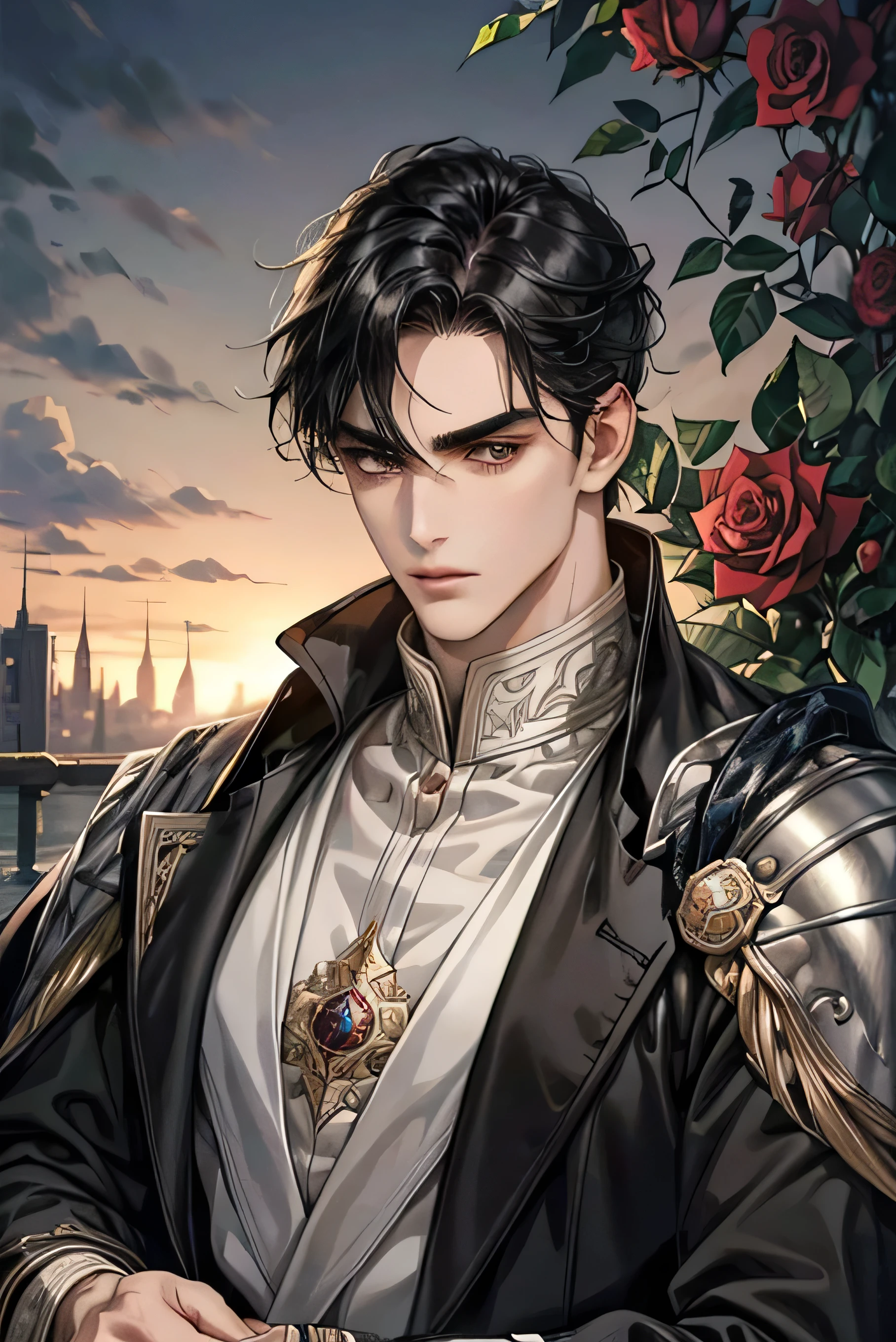 Handsome boy, mature, gray eyes, black hair, thick eyebrows, strong jawline, flat facial expression, noble dress, holding a rose ,high resolution, detailed accessories, detailed hair, pale skin, late afternoon background,