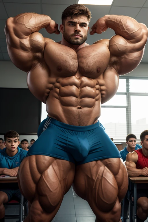 A normal young high school teenager standing in a classroom full of dumb jocks with dull glassy-eyed stares flexes and stares blankly ahead with open mouth as his muscles grow bigger and tear out of his tight shirt, assimilating to become just another stereotypical dumb brainwashed bodybuilder jock bro in a class of dumb jocks as he flexes with his new classmates, saying, "Give in to the swelling tide. The dumb jock grows. The old nerd dies." in dull mindless voice as he becomes just as dull and glassy-eyed. A less muscular student watches in horror, even as he starts to flex with them and his eyes become dull as he starts to become bigger and dumber, too. Hyper muscles. Big biceps. Big triceps. Big traps. Broad shoulders. Massive pecs. Strong abs. Bulging crotch. Hyper bulge. Bro. Brain to brawn. Brute. Assimilation. Hypnosis. Brainwashing. Dumber and dumber. IQ drain. Compression gear. Hairy armpits. Bigger. Dumber. Hypnotized. Brainwashed. Open mouths.