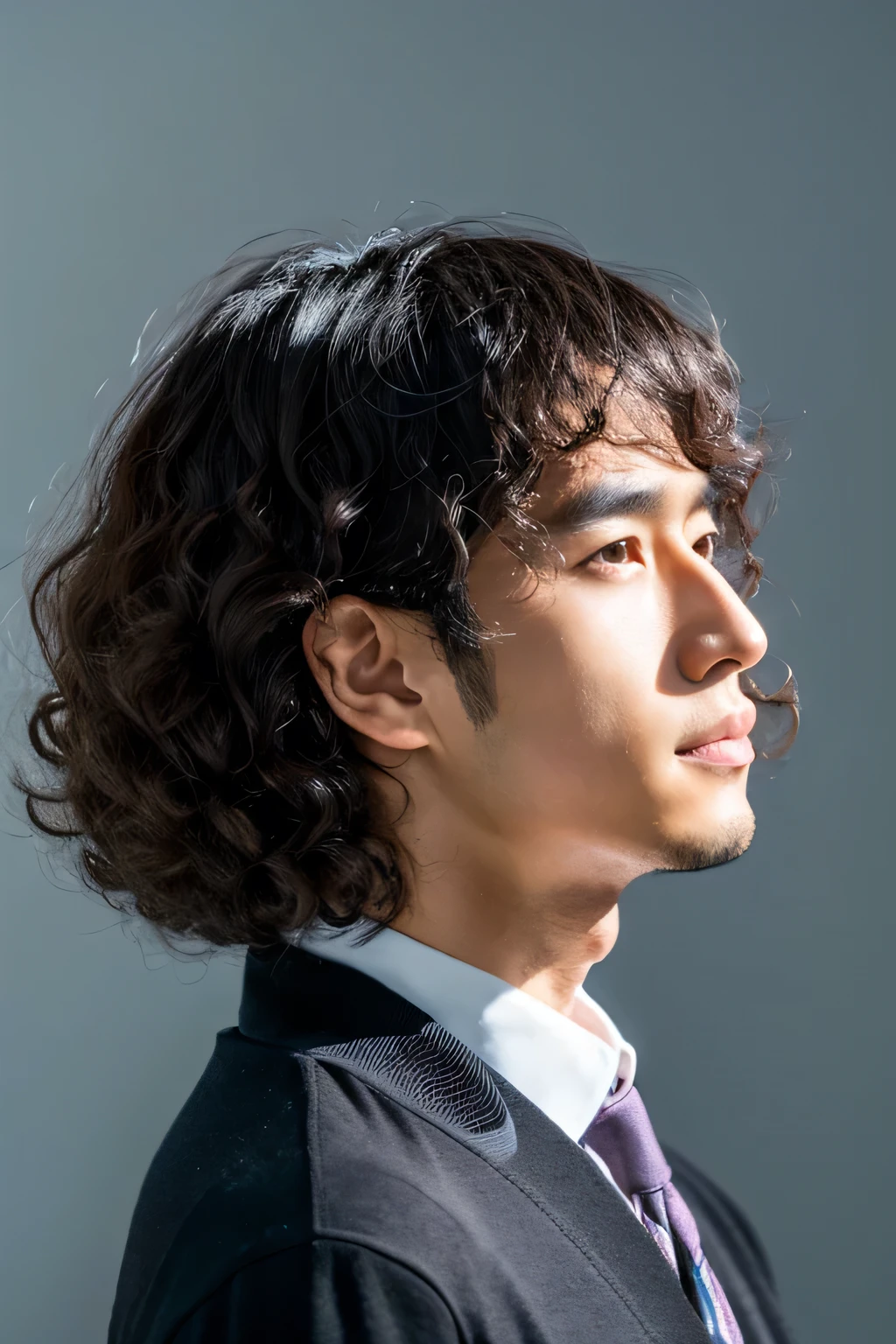 Japanese handsome man,Profile portrait,Black Shirt,Short hair perm