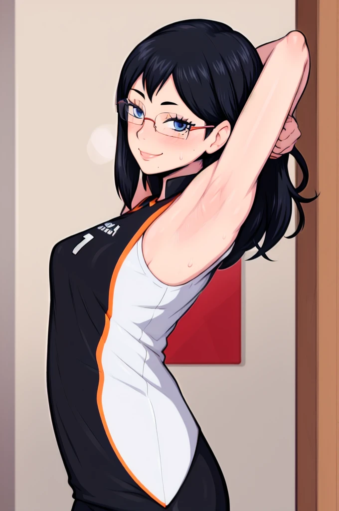 masterpiece, best quality, shimizu kiyoko looking at viewer, black hair, blue eyes color, very large breasts, upper body, portrait, looking at viewer, seductive smile, armpits, armpits visible, sweaty armpits, wearing black orange volleyball uniform, wearing glasses, two braid hair