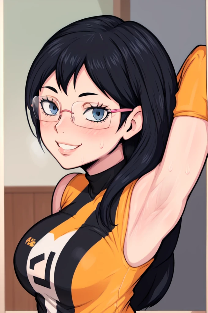 masterpiece, best quality, shimizu kiyoko looking at viewer, black hair, blue eyes color, very large breasts, upper body, portrait, looking at viewer, seductive smile, armpits, armpits visible, sweaty armpits, wearing black orange volleyball uniform, wearing glasses, two braid hair