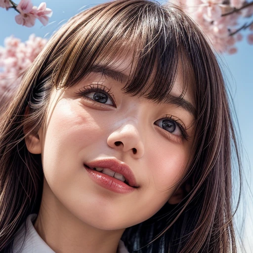 Best_Quality, HDR, masterpiece, Hi-Res, (realistic and photorealistic with touch of rawness:1.37), (group photo:1.6), ((SchoolGirls Surrounding the camera in Upward composition)), Panoramic, (Full of many Faces), (NOGIZAKA face variations:1.4), { Looking down at the camera | (Kissing face to face) }, (((close:1.2, Face closeup from below:1.4))), (((Sky background)) with CherryBlossoms) . BREAK Extremely Detailed KAWAII face variations, captivating gaze, elaborate detailed Eyes with (sparkling highlights:1.32), long eyelashes、Glossy RED Lips with beautiful details, Coquettish tongue, Rosy cheeks, Glistening ivory skin . { (Dynamic joyful expressions) | (:D) | (Kissing) }, Childish, SchoolUniform, { Bangs | Hime cut | OKAPPA }