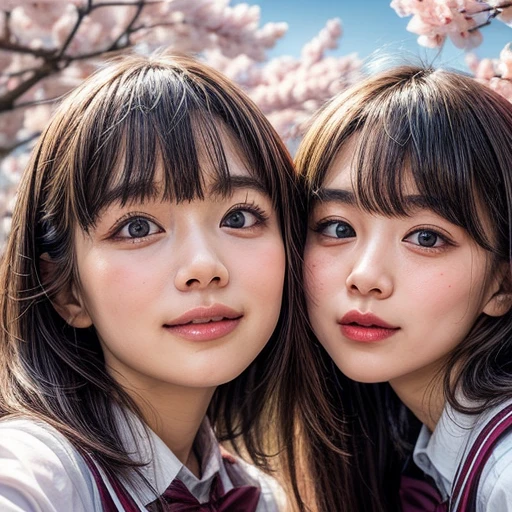 Best_Quality, HDR, masterpiece, Hi-Res, (realistic and photorealistic with touch of rawness:1.37), (group photo:1.6), ((SchoolGirls Surrounding the camera in Upward composition)), Panoramic, (Full of many Faces), (NOGIZAKA face variations:1.4), { Looking down at the camera | (Kissing face to face) }, (((close:1.2, Face closeup from below:1.4))), (((Sky background)) with CherryBlossoms) . BREAK  Extremely Detailed KAWAII face variations, captivating gaze, elaborate detailed Eyes with (sparkling highlights:1.32), long eyelashes、Glossy RED Lips with beautiful details, Coquettish tongue, Rosy cheeks, Glistening ivory skin . { (Dynamic joyful expressions) | (:D) | (Kissing) }, Childish, SchoolUniform, { Bangs | Hime cut  | OKAPPA } 